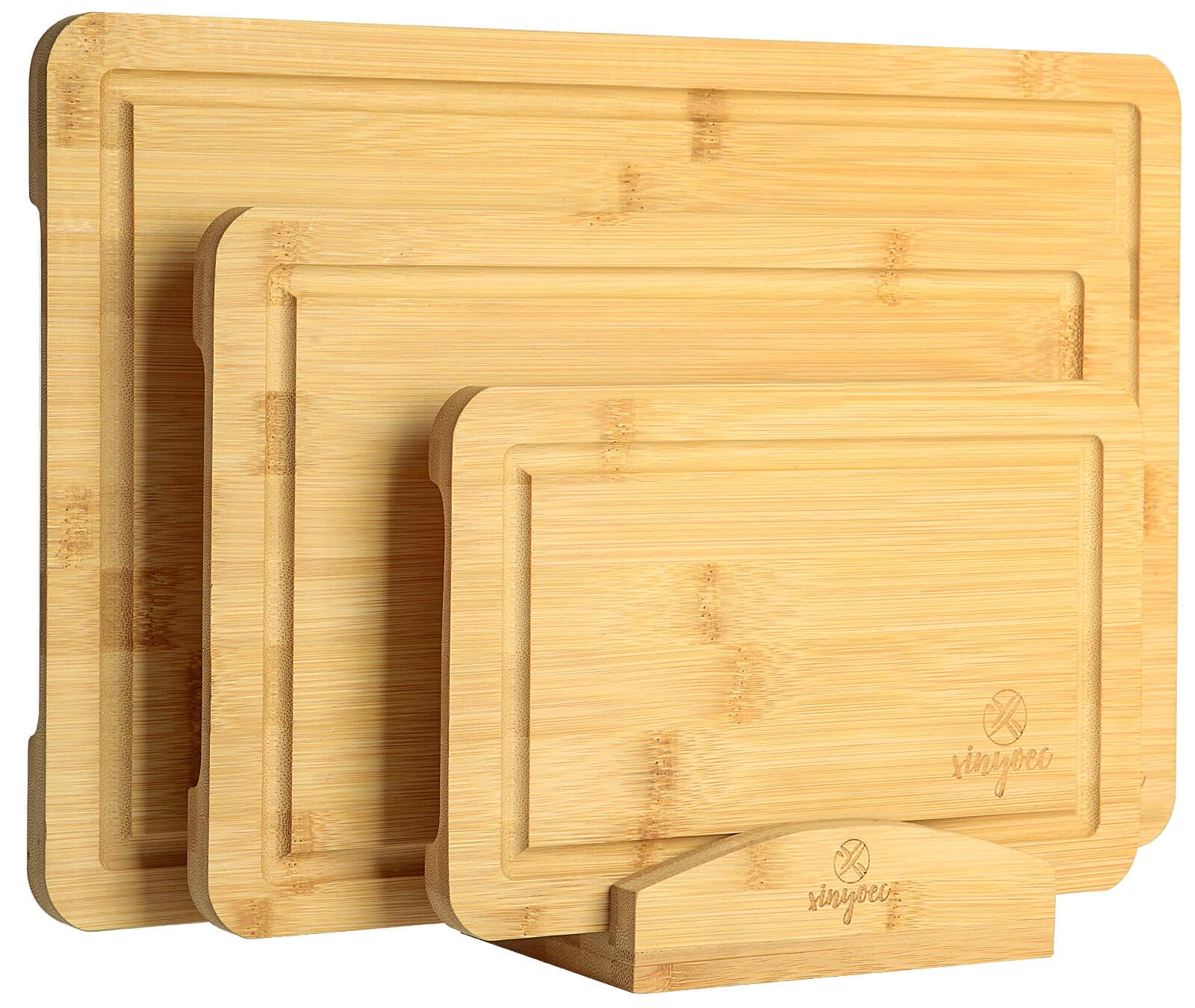 Juego de tablas de cortar de bambú para cocina, juego de 3 tablas de cortar con ranura y estante para tabla de cortar, fácil de limpiar, ideal para juego de tablas de cortar de bambú para cortar