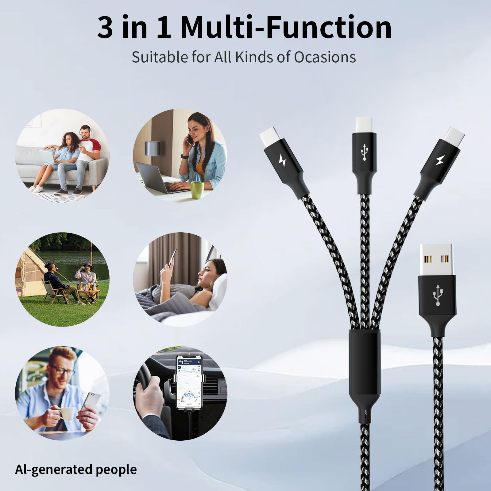 IDISON Multi-Ladekabel, USB-C-Splitterkabel, 3-in-1-Schnellladekabel mit 3 Typ-C-Anschlüssen, kompatibel mit iPhone 16, 15 Pro Max, Galaxy S23, S22, S10, Note 20, Handys, Tablets und mehr, 150 cm.