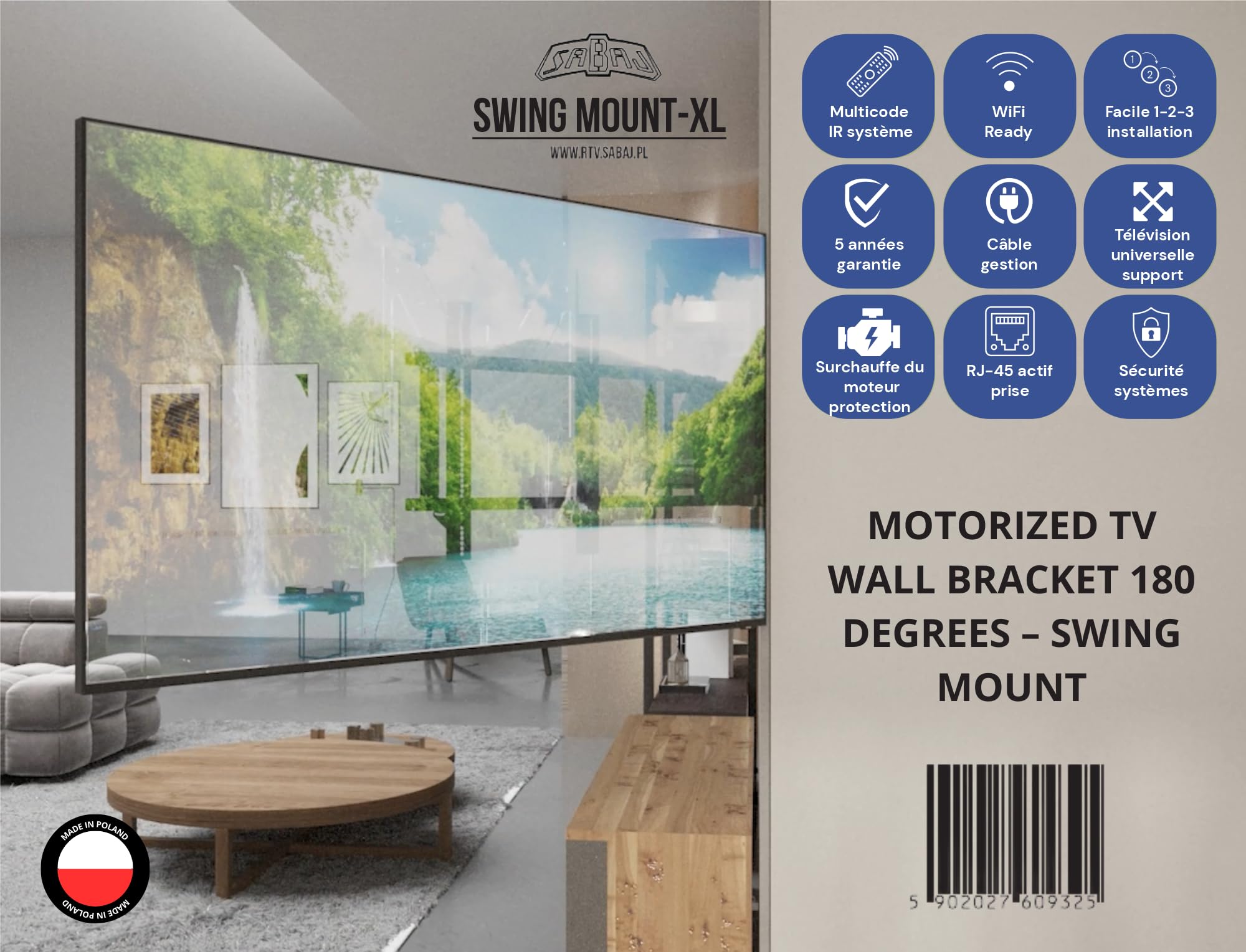SABAJ M&D Soporte TV Pared Motorizado Eléctrico Giratorio 75 Pulgadas | Giro 180 grados a 2 grados por segundo, hasta 40 kg, VESA 100x100 a 600x400, inclinación manual 7 grados