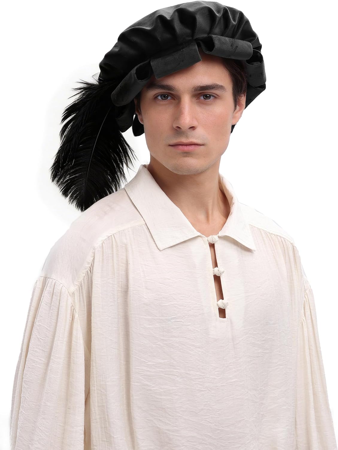 Renaissance Roll Hem Beret for Men Medieval Tudor Slit Hat with Feather Fantasy Costume Accessories