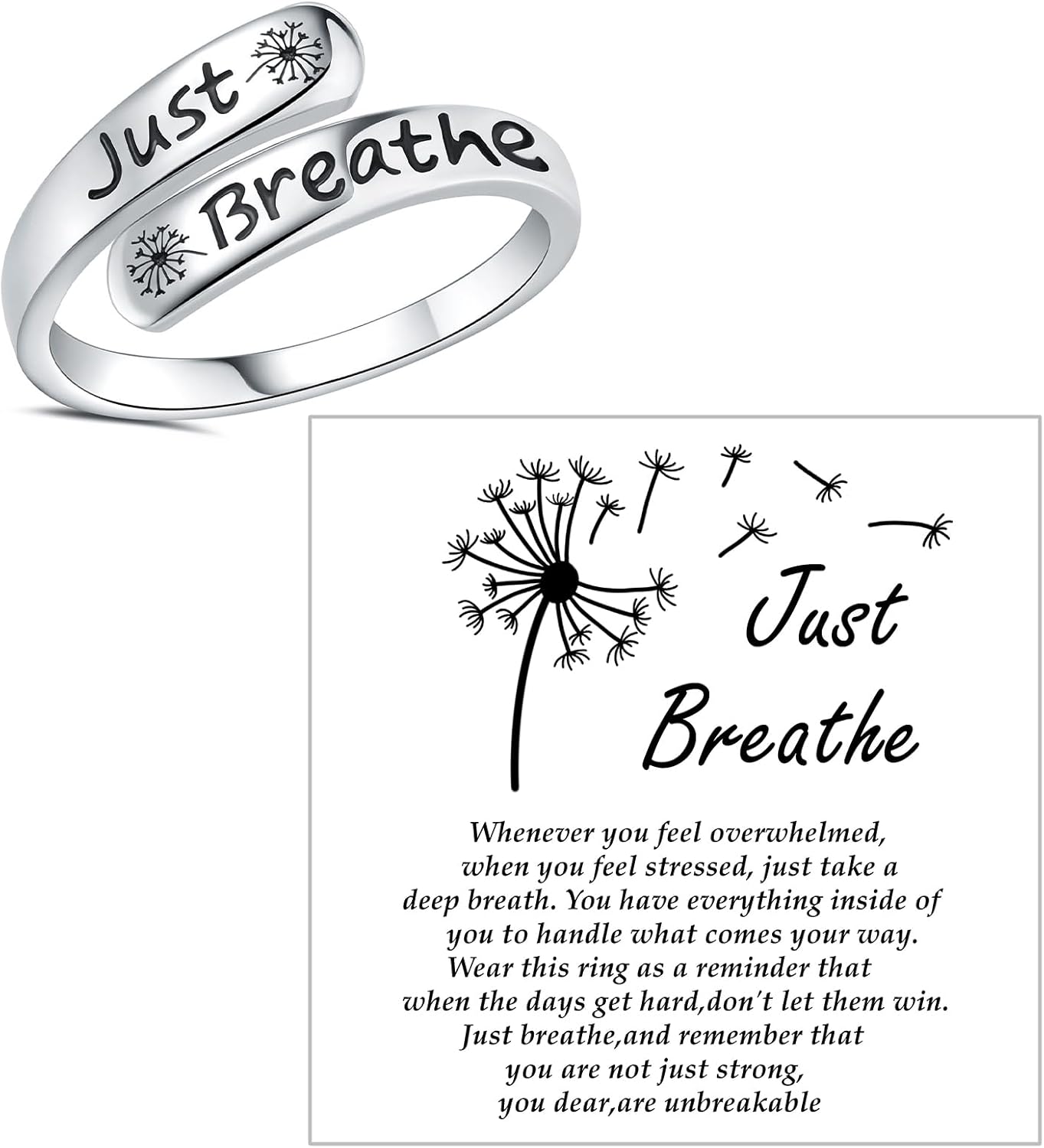 Dandelion Just Breathe Ring for Women 925 Sterling Silver Adjustable Hope Inspirational Jewelry Encouragement Gifts