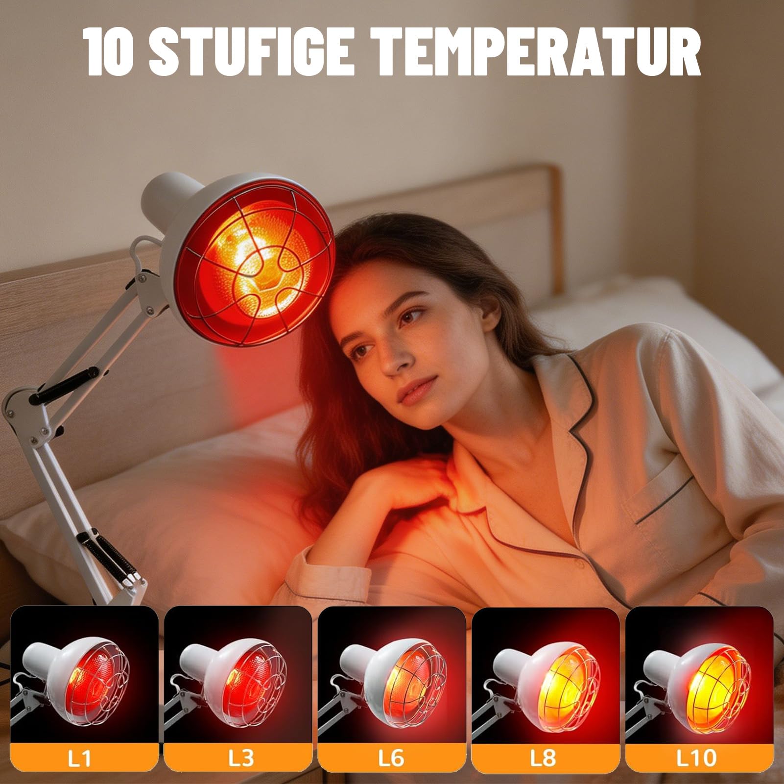 Infrarotlampe, Rotlichtlampe, 150W Infrarotlichtlampe Wärmelampe, Infrarot Hitze Lampe, 10 Stufen Temperatur Einstellbar mit Timer, Tragbarer Heimgebrauch mit Infrarotlicht, fur Schmerzlinderung