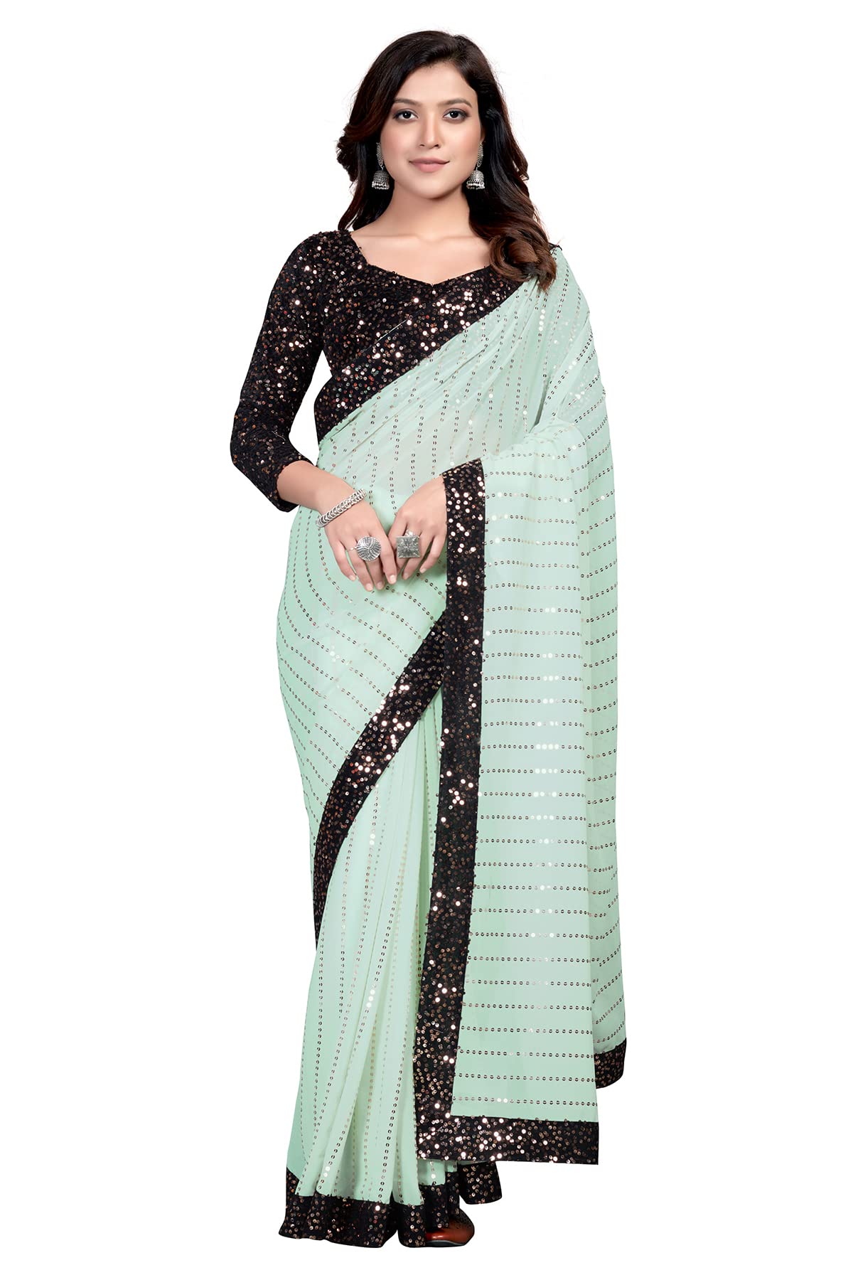 Pratham Blue Women's Sequins Georgette Fancy Saree With Blouse Piece (Pb-42_Light Green)