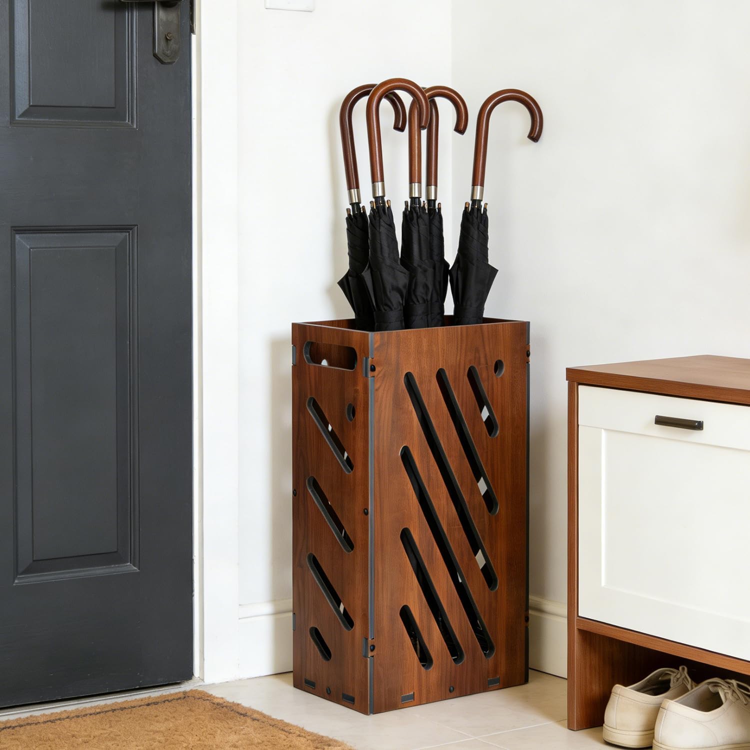 Brown Umbrella Stand for Entryway, Umbrella Holder with Removable Water Tray, PVC Umbrella Storage Bin Indoor Outdoor, Freestanding Storage Organizer for Home, Office, Hotel