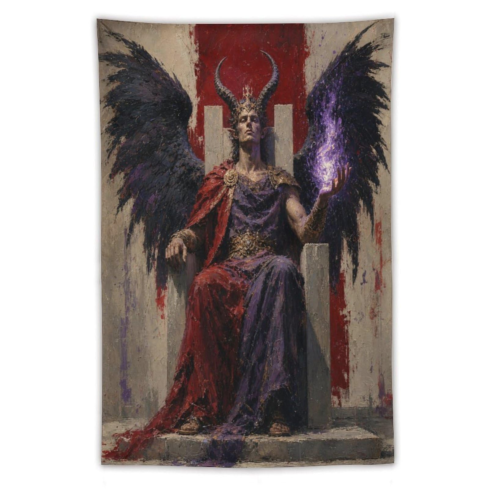 W7C8U2X3 Dark Winged King on Throne Wall Tapestry, Fantasy Illustration