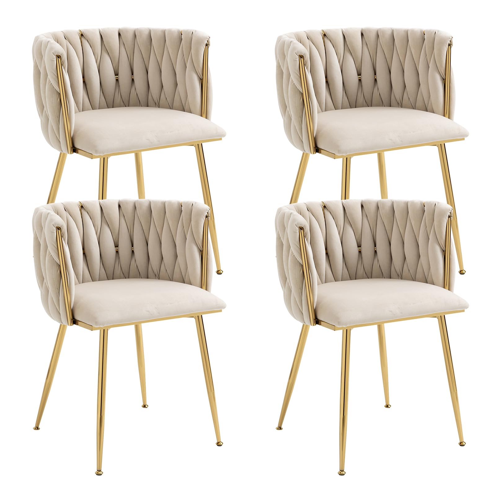 Allnifurv Modern Hand Weaving Dining Chairs Set of 4, Velvet Upholstered Side Chairs with Gold Legs, Chic Vanity Chairs with Armrest, Accent Chair for