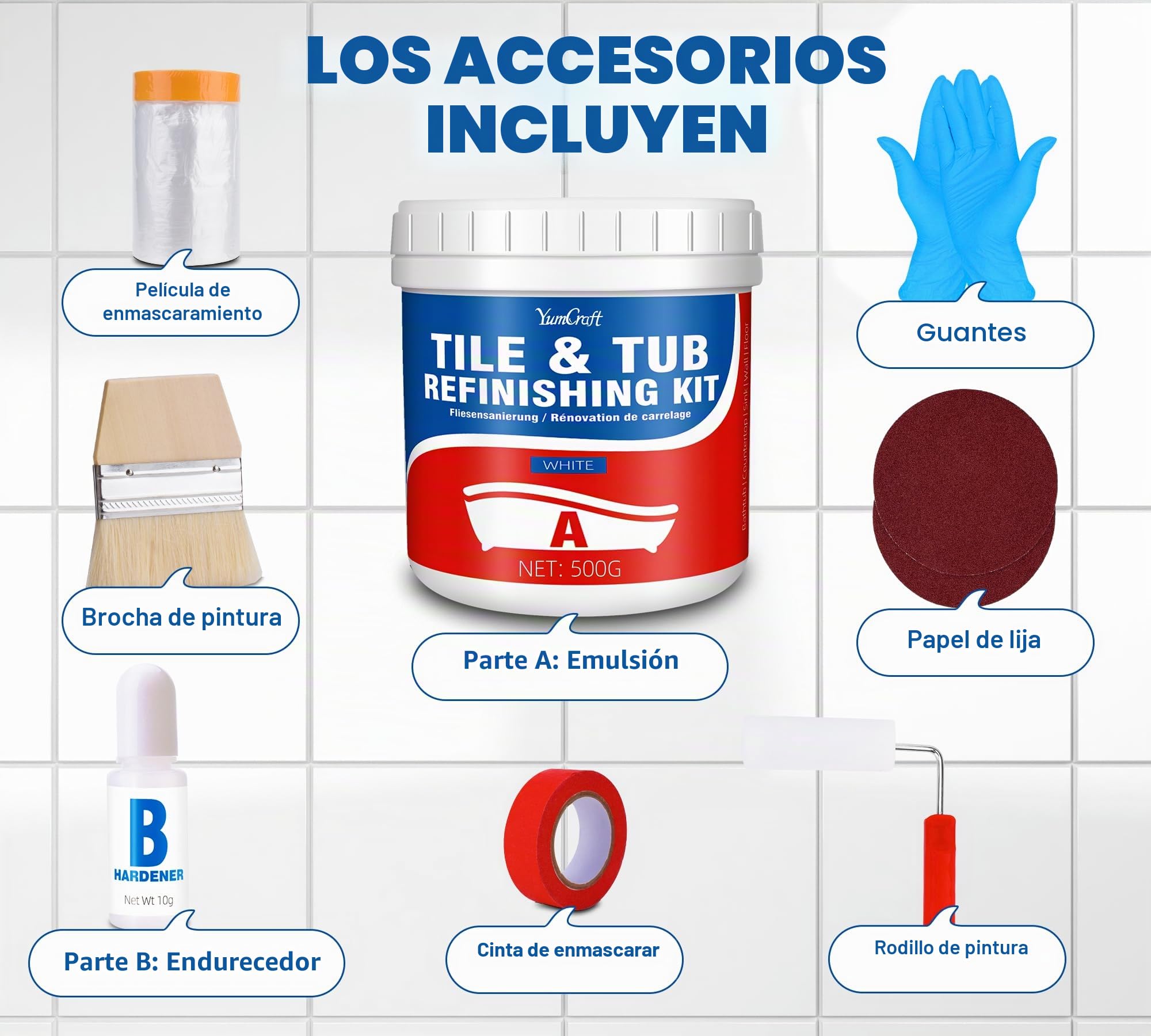 Kit Para Renovar BañEras y Azulejos, Pintura de 500g Con Herramientas y Endurecedor - Pintura Blanca Semibrillante Para BañEra, Encimera, Lavabo, Cocina, Porcelana y Suelo