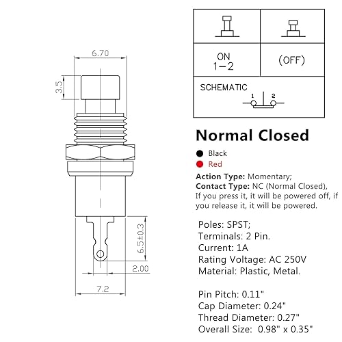 Vista 14 de Clyxgs Interruptor de botón momentáneo, SPST normal abierto sin interruptor de 2 pines mini micro 1A 250V AC tapa roja 30 PCS