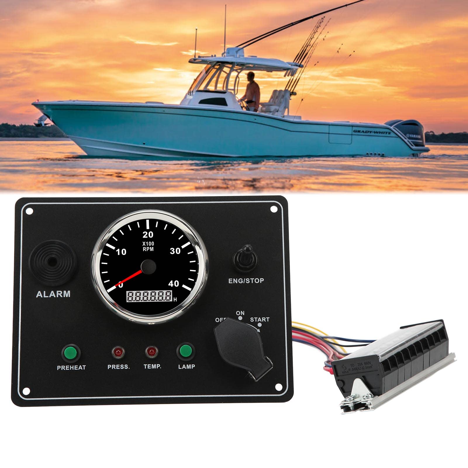 Tableau de Bord de Bateau Marin, Connexion Stable Tableau de Bord de Moteur Universel 4000 Tr/min Anti-poussière Anti-buée pour Yacht de Bateau Marin (12V)