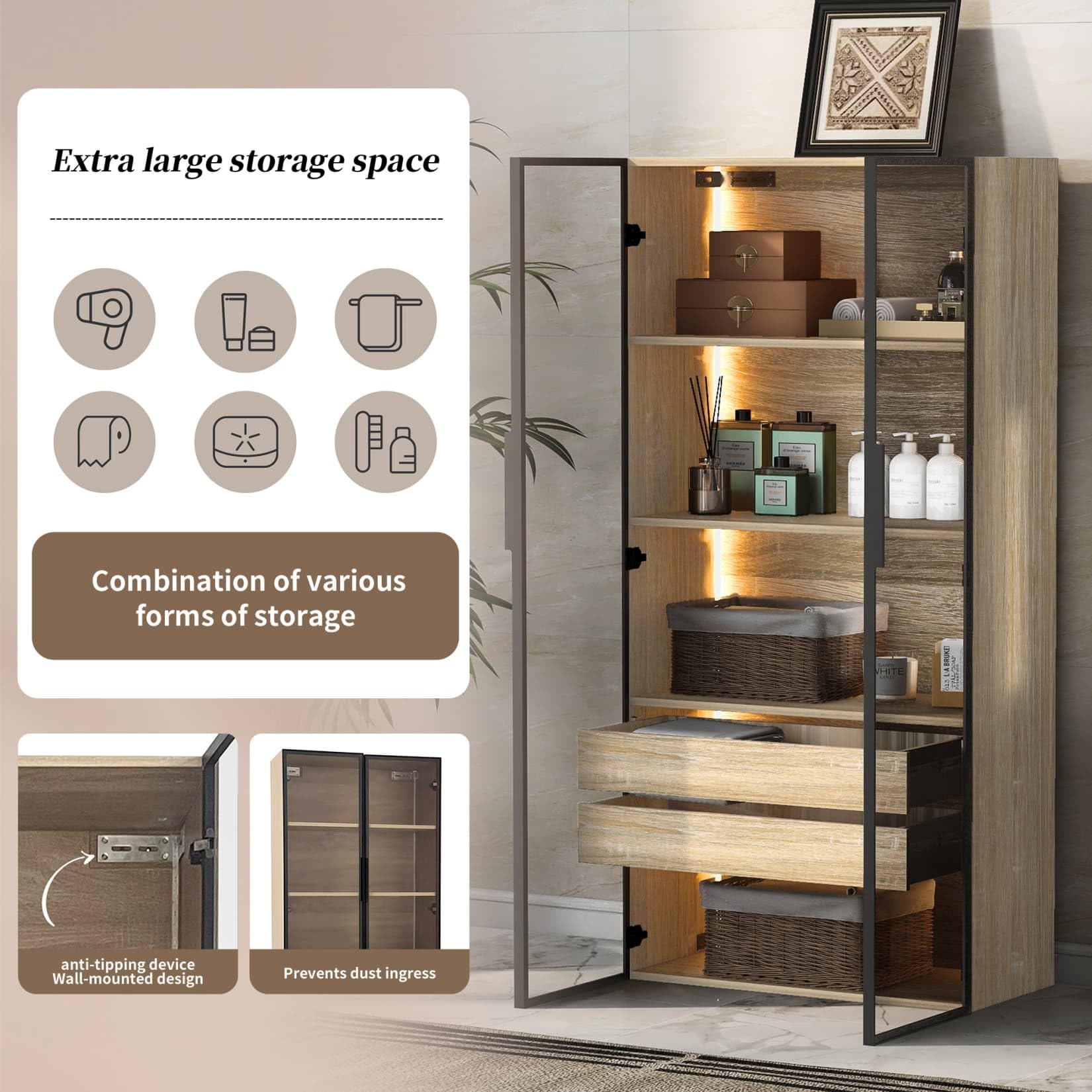 PUGSDRLY Meuble de Salle de Bain,Vitrine en Verre avec LED Réglables,2 Tiroirs,2 Portes Vitrées,Armoire Chambre,Meuble de Rangement,Buffet Cuisine,pour Salon,Chambre,74x36x155 (A)