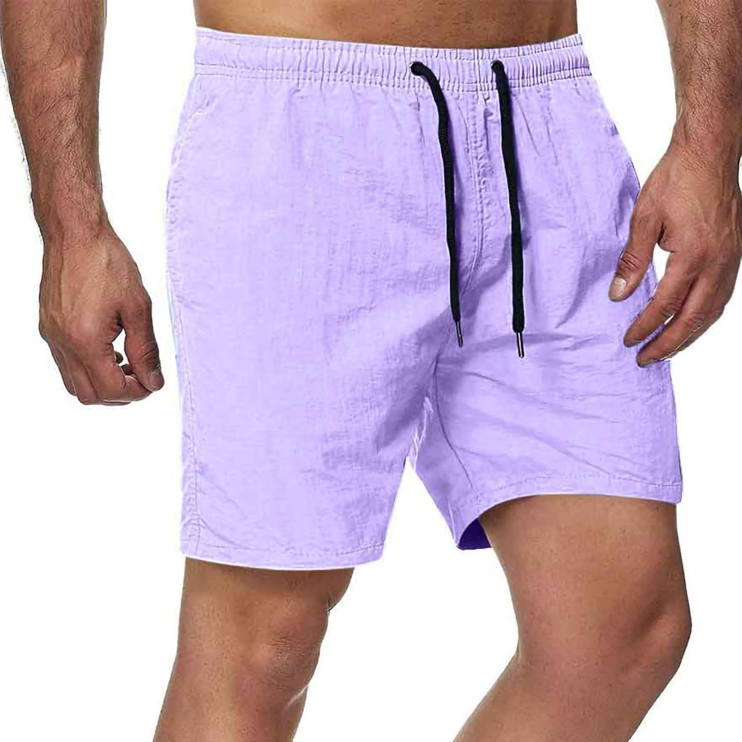 Men Beach Shorts Fashion Solid Color Quick-Drying Sport Fitness Short Sweatpant Lace up Elastic Waist Swim Trunks