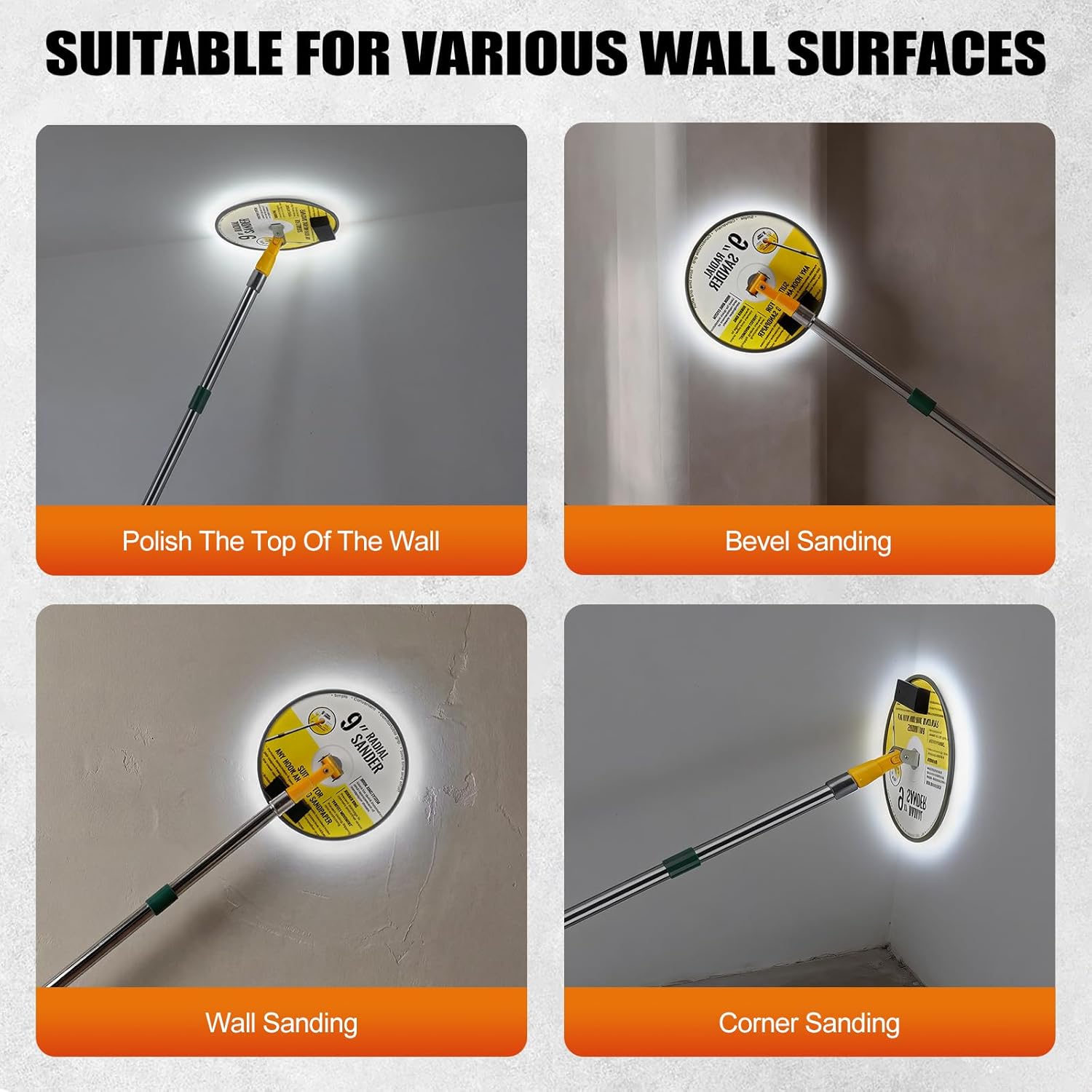 Pole Sander for Drywall, 89 Inch Adjustable Extension Pole, Bag, 360° Rotating Circular Sanding Head for Walls and Ceilings, 5Pcs Sanding Sheets, with Light Strip (80, 100, 120, 180, 240 Grit)