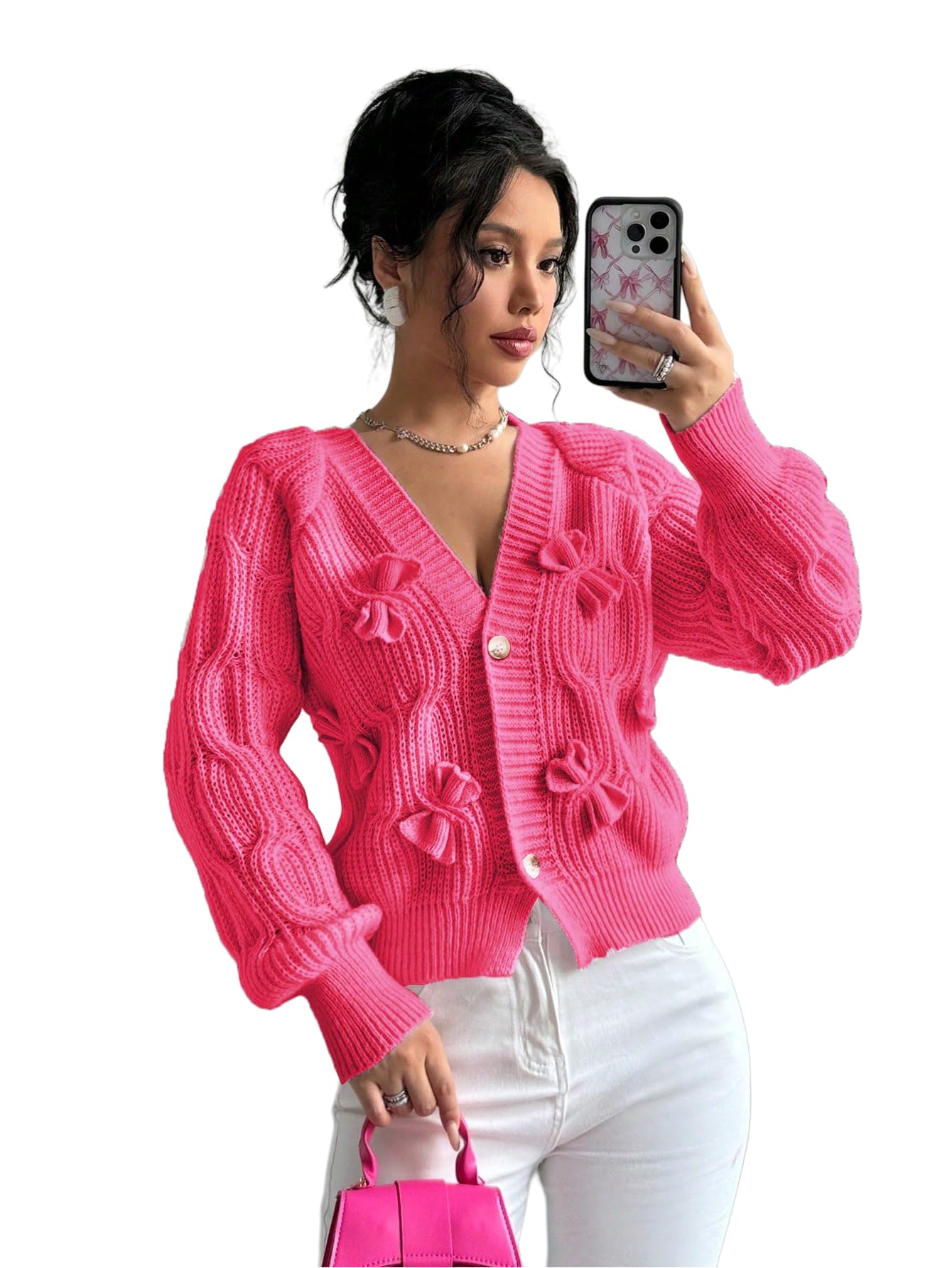 Womens Cropped Bow Chunky Knit Cardigan Sweaters Open Front Cozy Long Sleeve Button Up Cardigans for Winter
