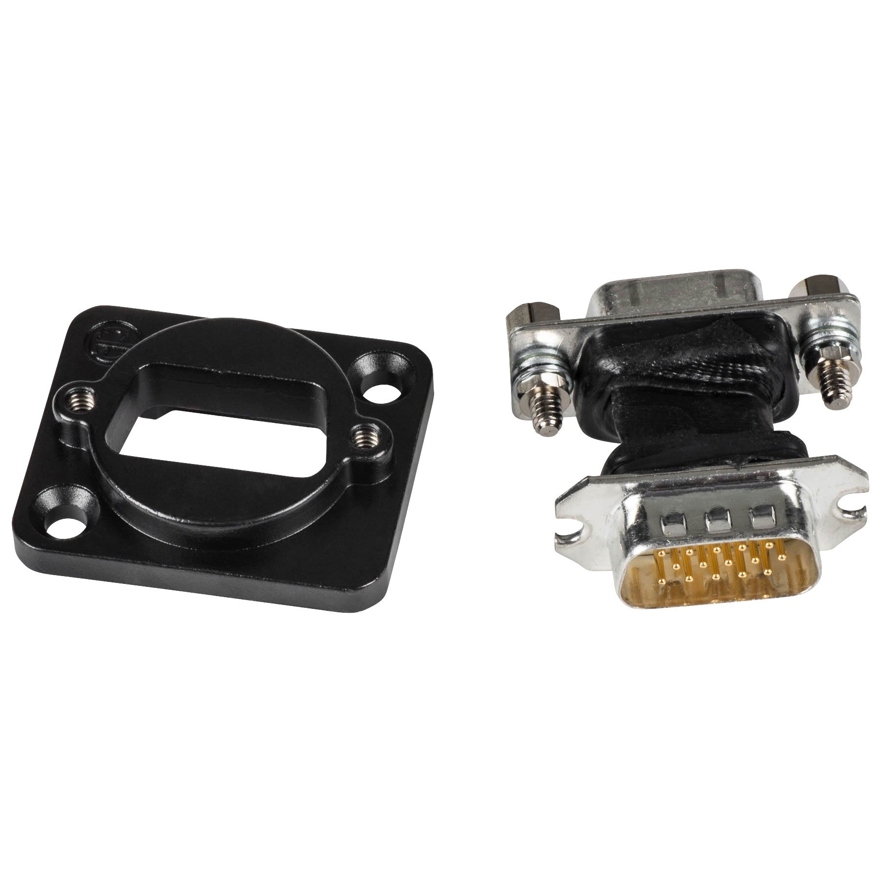 Connettore da pannello D-SUB 15 poli passante, male/female, flangia D-shape, corpo nero