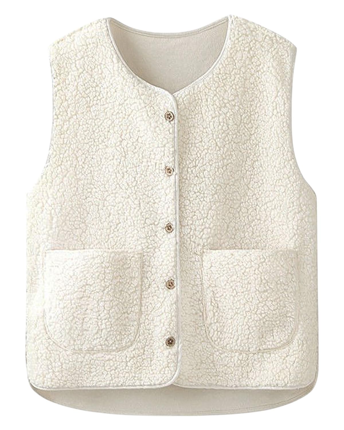 1 gilet en polaire pour femme, gilet sans manches léger et chaud pour l'automne/hiver, veste en fourrure légère pour femme, couleur unie, col en V, avec poches, blanc cassé, taille L