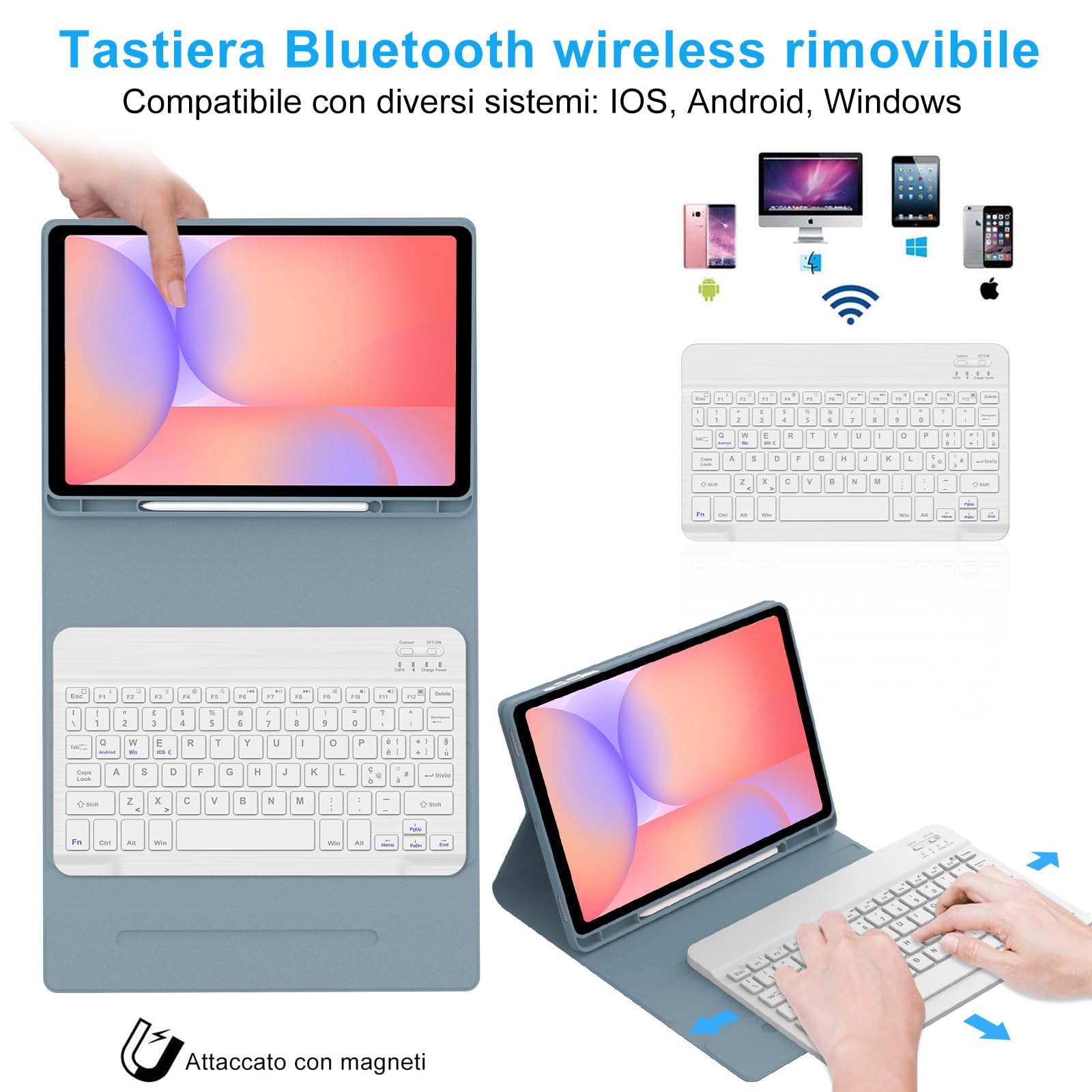 IVEOPPE Cover Tastiera per Samsung Galaxy Tab S10 Lite/S9 FE/S10 FE 10.9"/S9 11", Tastiera Italiano QWERTY Bluetooth Senza Fili Staccabile, Custodia con Portapenna, Grigio-blu