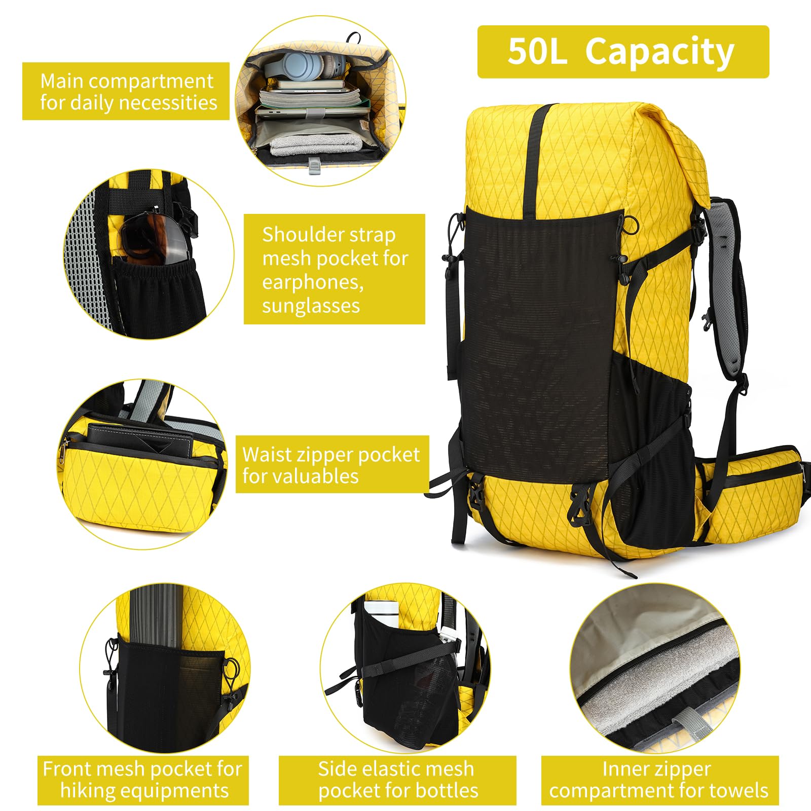 Mochila de senderismo, 40 L a 50 L, bolsa de senderismo de gran capacidad, mochila de camping con marco interno, mochila deportiva ligera X-PAC mejorada, mochila de viaje para escalada de montaña y