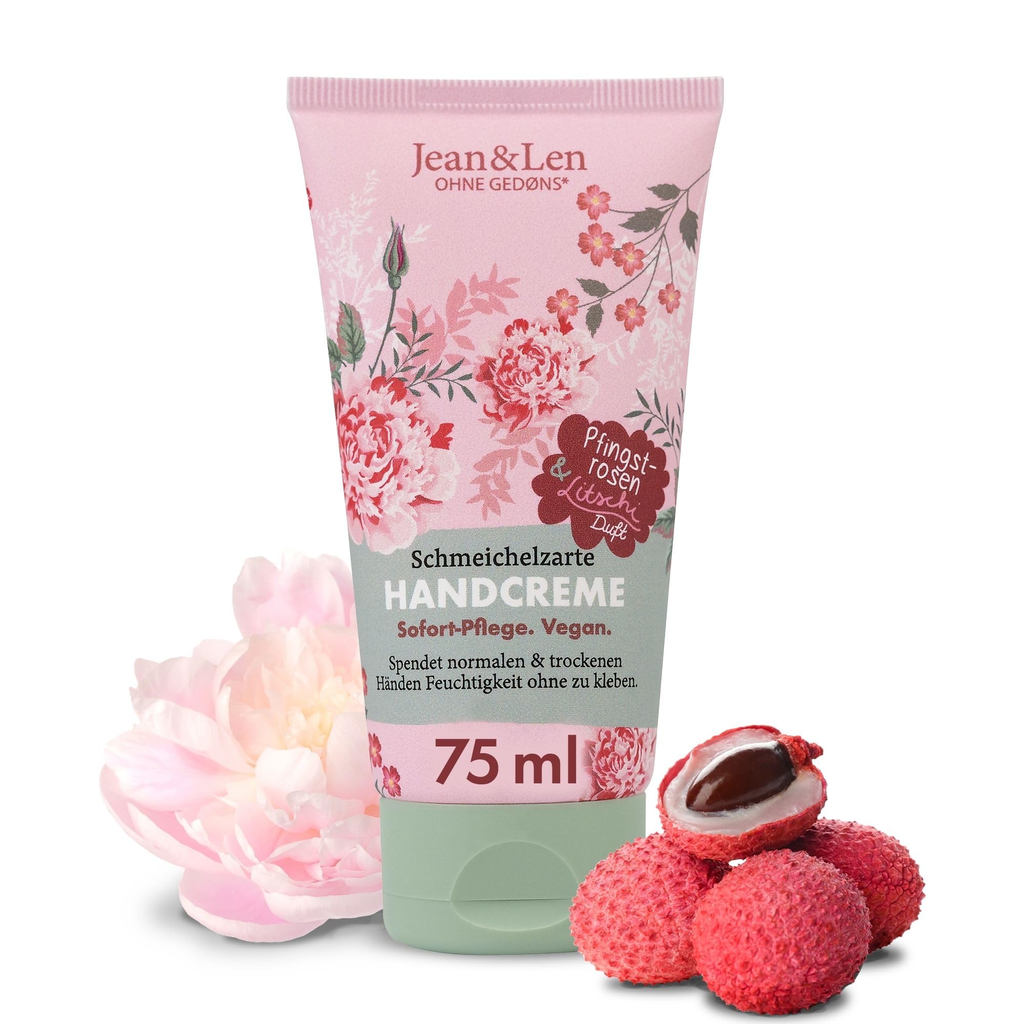 Jean & Len Handcreme Pfingstrose & Litschi, spendet normalen & trockenen Händen Feuchtigkeit, mit Provitamin B5, Shea- und Kakaobutter, vegane Handpflege, ohne Parabene & Silikone, 75 ml