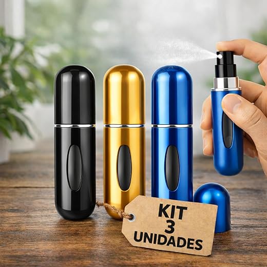 Kit 3 Frascos Porta Perfume Premium 5ml Recarregável Portátil Spray Viagem Compacto Cores Sortidas