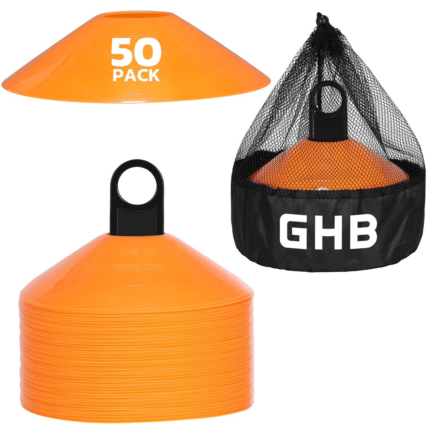 Photo 1 of GHB Soccer Cones 25/50/100 Pack Disc Soccer Sport Cones Training Field Marker Agility Cones for Traffic, Basketball, Coaching, Practice Equipment Includes Cone Drills Guide (50Pcs Orange)