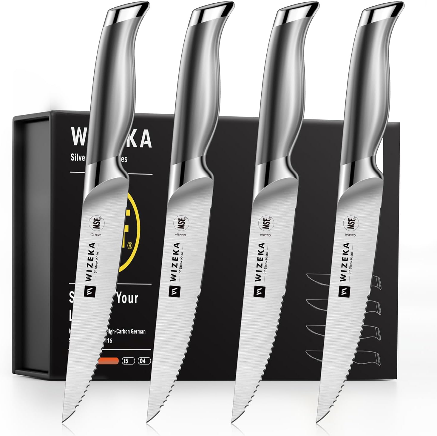 Steak Knives Set of 4 - German Stainless Steel - 5 Inches Serrated Straight Edge Steak Knife Set, One Piece Design Knife Set of Steak with Box, Silver Wings Series