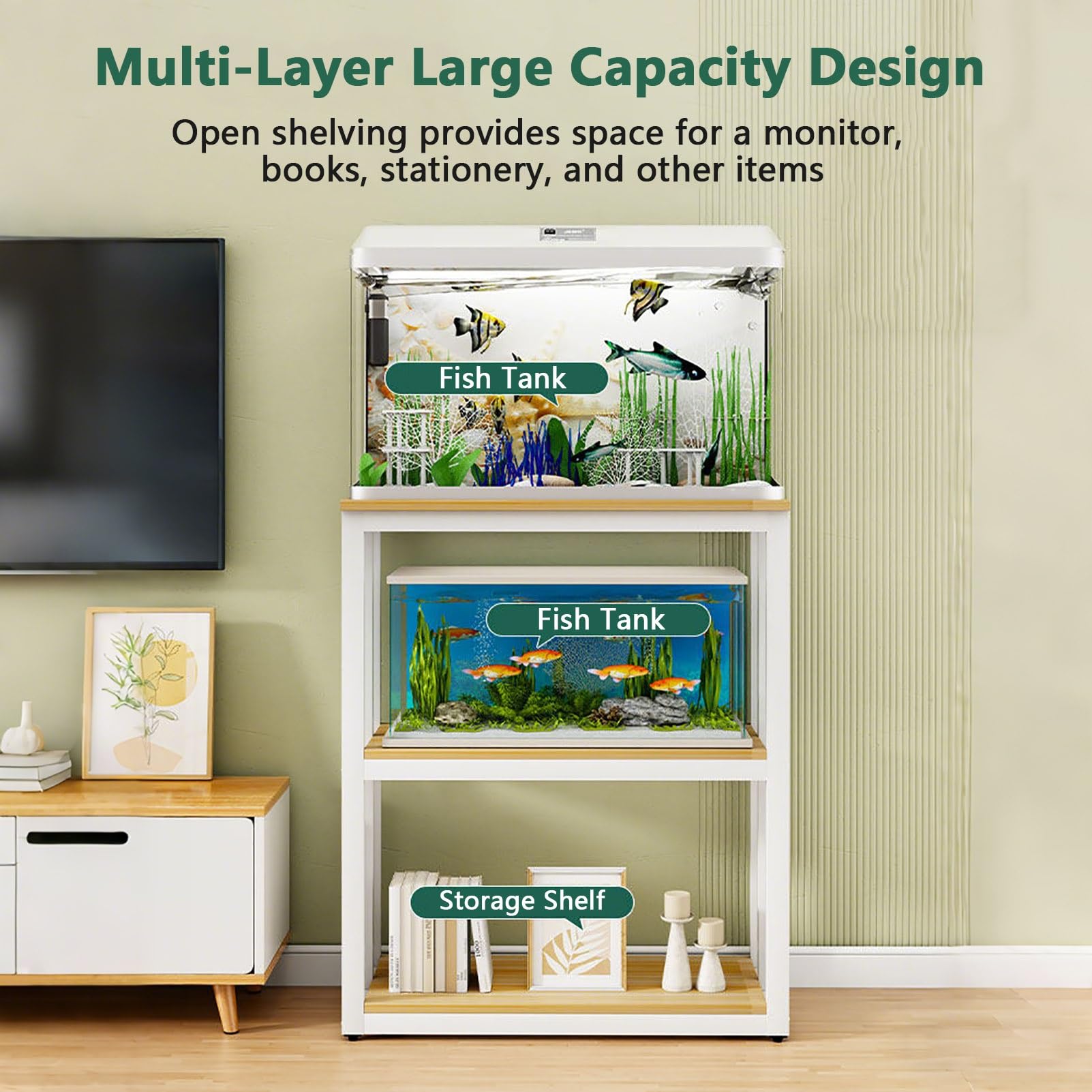 3-poziomowa Podstawka Pod Akwarium Z Półkami Wytrzymała Podstawka Pod Akwarium Z Regulowanymi Nóżkami, Stojak Na Terrarium Dla Gadów I Żółwi Do Domowego Biura(Wood+White Frame,61x40x120cm)