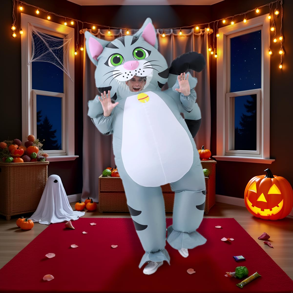 JASHKE Costume Chat Gonflable Adulte Costumes d'Halloween Gonflables déguisement Chat Gonflable Adulte