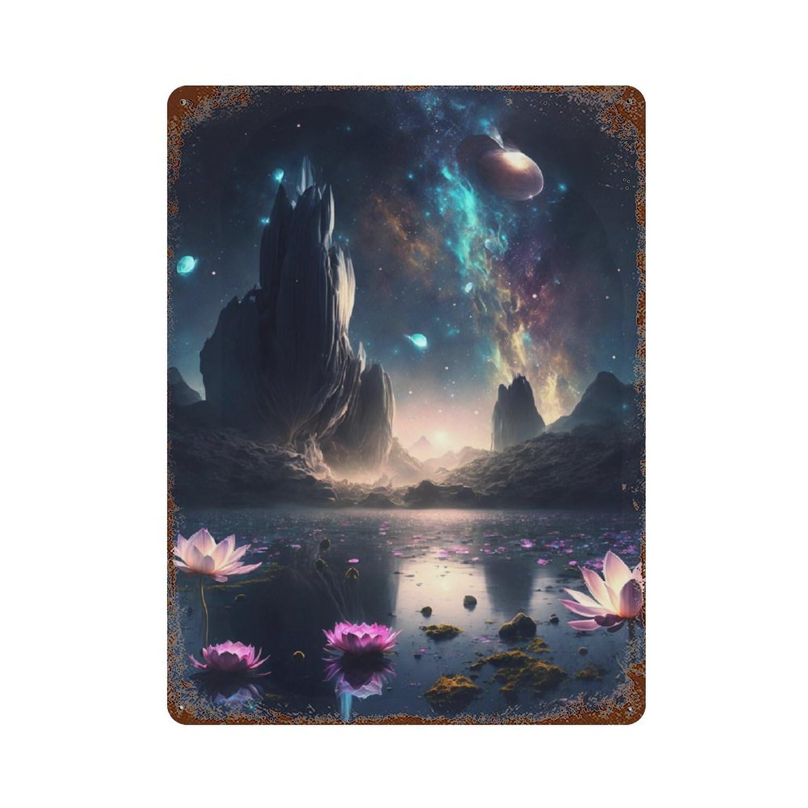 Vintage Rust Metal Sign Fantasy Galaxy Lotus Pond 15.7"x11.8", Old School Wall Decor for Office, Studio And Wall Decor
