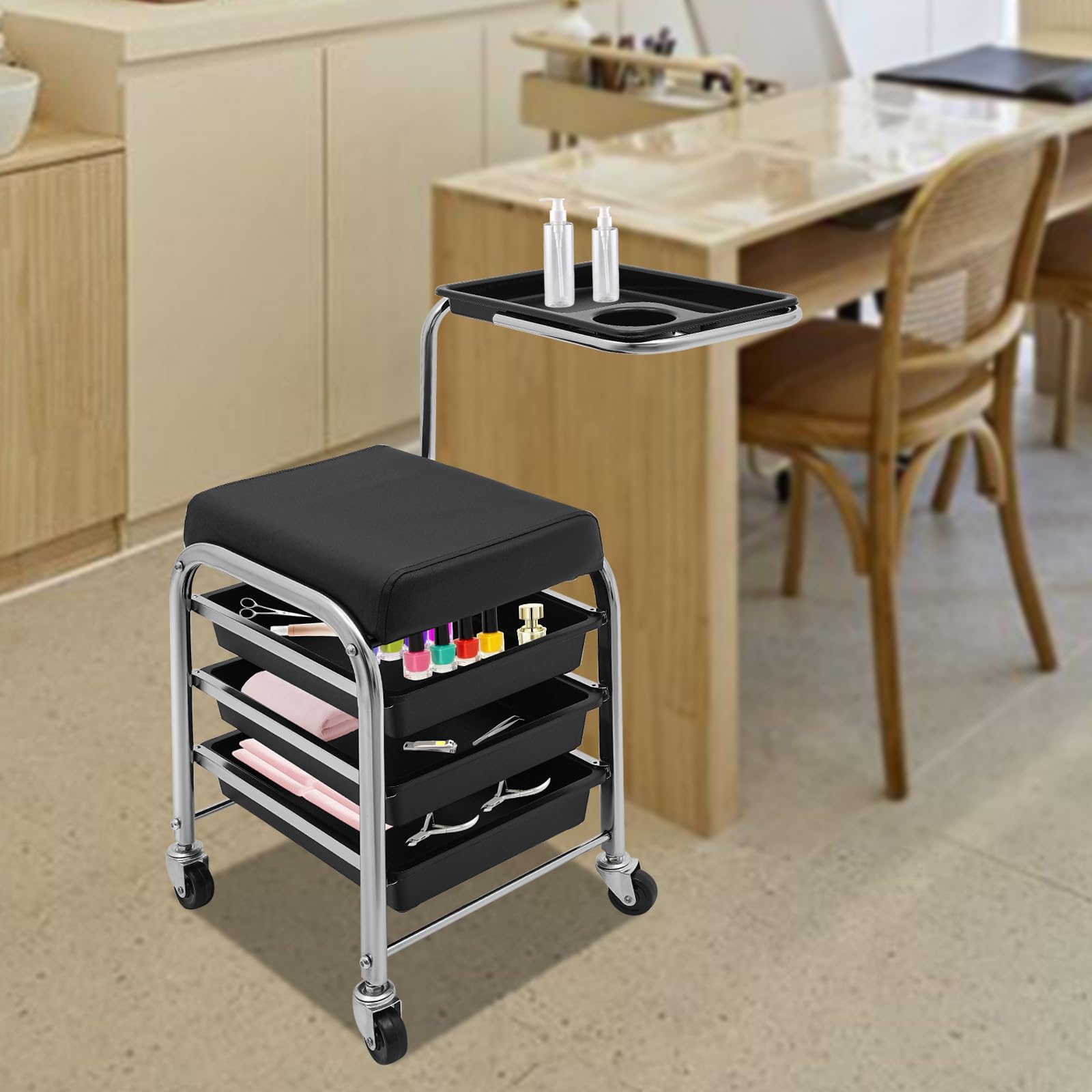 Carrito de peluquería, carrito de salón de 3 niveles con 4 ruedas, altura ajustable 53-77 cm, carrito de manicura para el cuidado de la belleza (negro) - 3