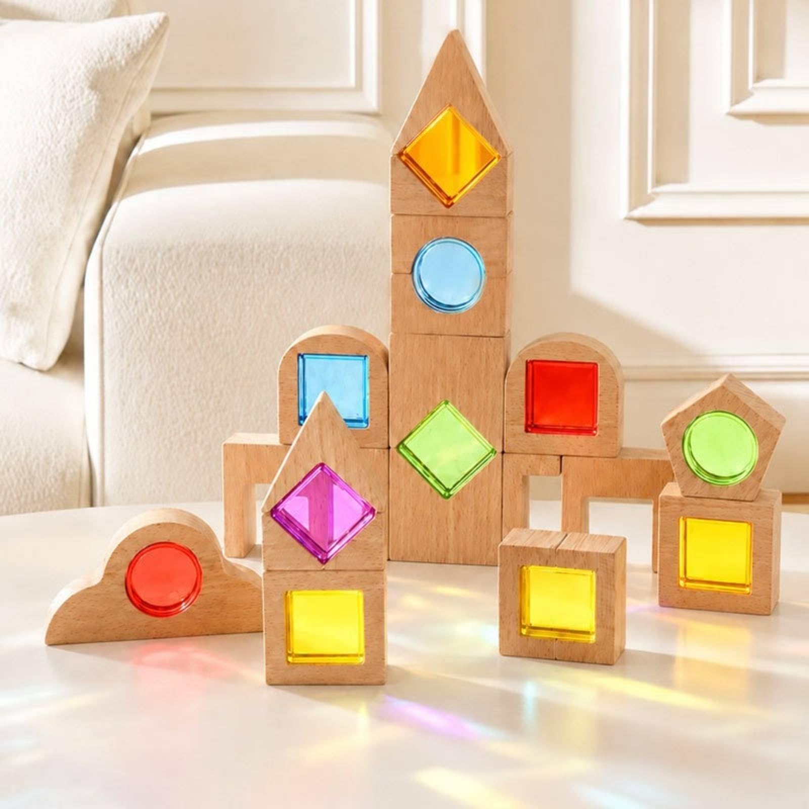 Amagogo Kinder Bauklötze Holzbausteine Acryl Bausteinset Lernspielzeug Stapelspiel Pädagogisches Spielzeug mit Transparenten Einsätzen für Feinmotorik