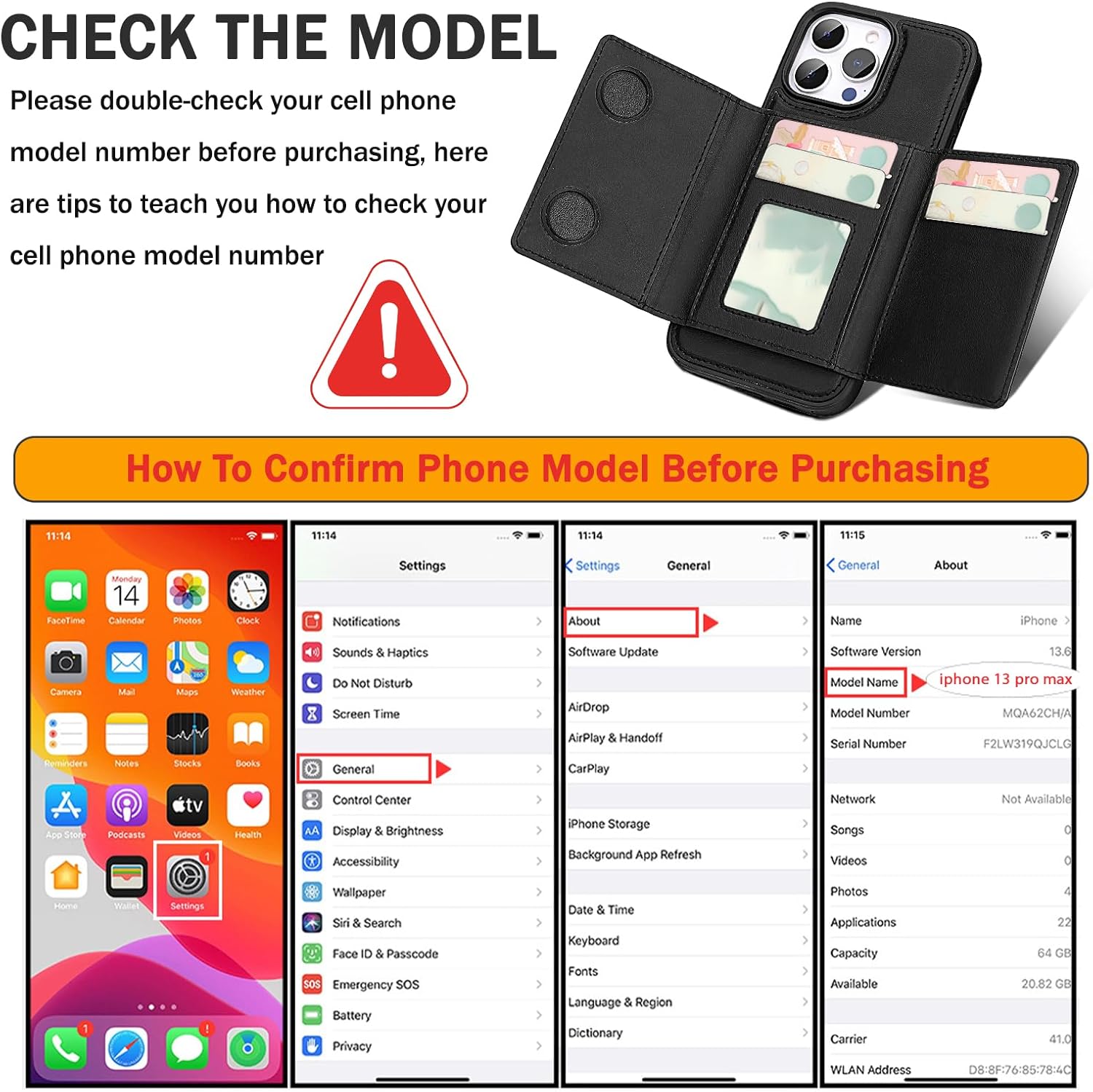for iPhone 13 pro max Wallet Case, 2-in-1 Detachable Phone Case, Card Holder RFID Blocking, Fashionable Faux Leather Card Slot & Folding Design (Black 6.7'')