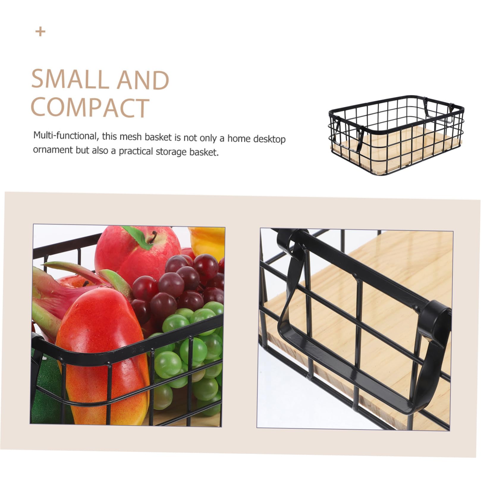 ULTECHNOVO Cesta de Almacenamiento de Alambre Negra Asa y Base de Madera | Rectangular y Robusta, para Frutas y Utensilios del Hogar, Uso en Mesa o Exterior