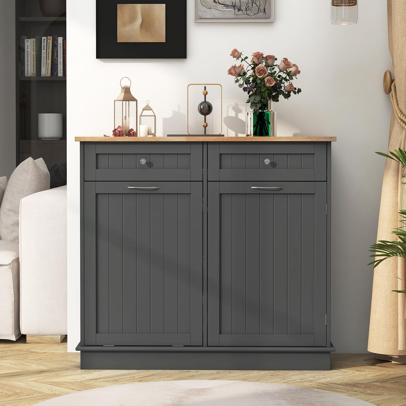 COSTWAY Kommode für Mülleimer 42L, Küchenschrank mit großer Arbeitplatte & 2 Schubladen & verstellbarem Regal, Mülleimerschrank mit Mülleimerhalter, Schrank für Küche ohne Mülleimer (Grau)