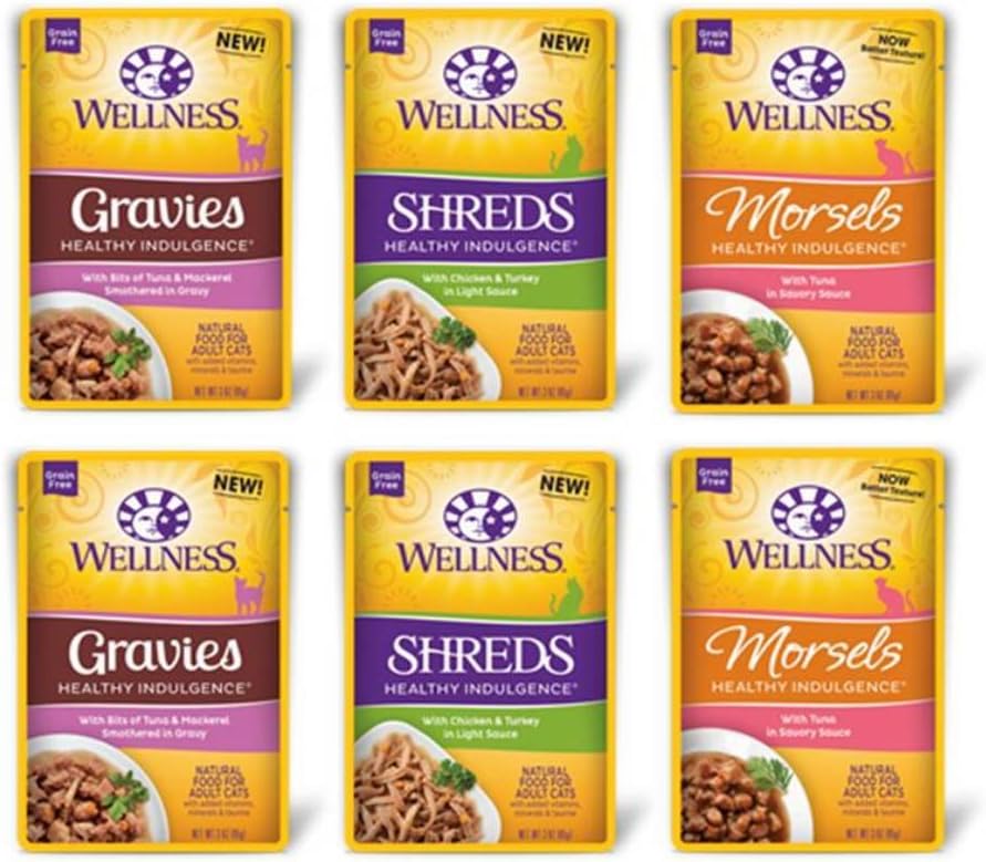 Wellness Healthy Indulgence Grain Free Cat Food 3 Flavor Variety 6 Pouch Bundle: (2) Chicken Turkey Shreds, (2) Tuna Morsels, and (2)…