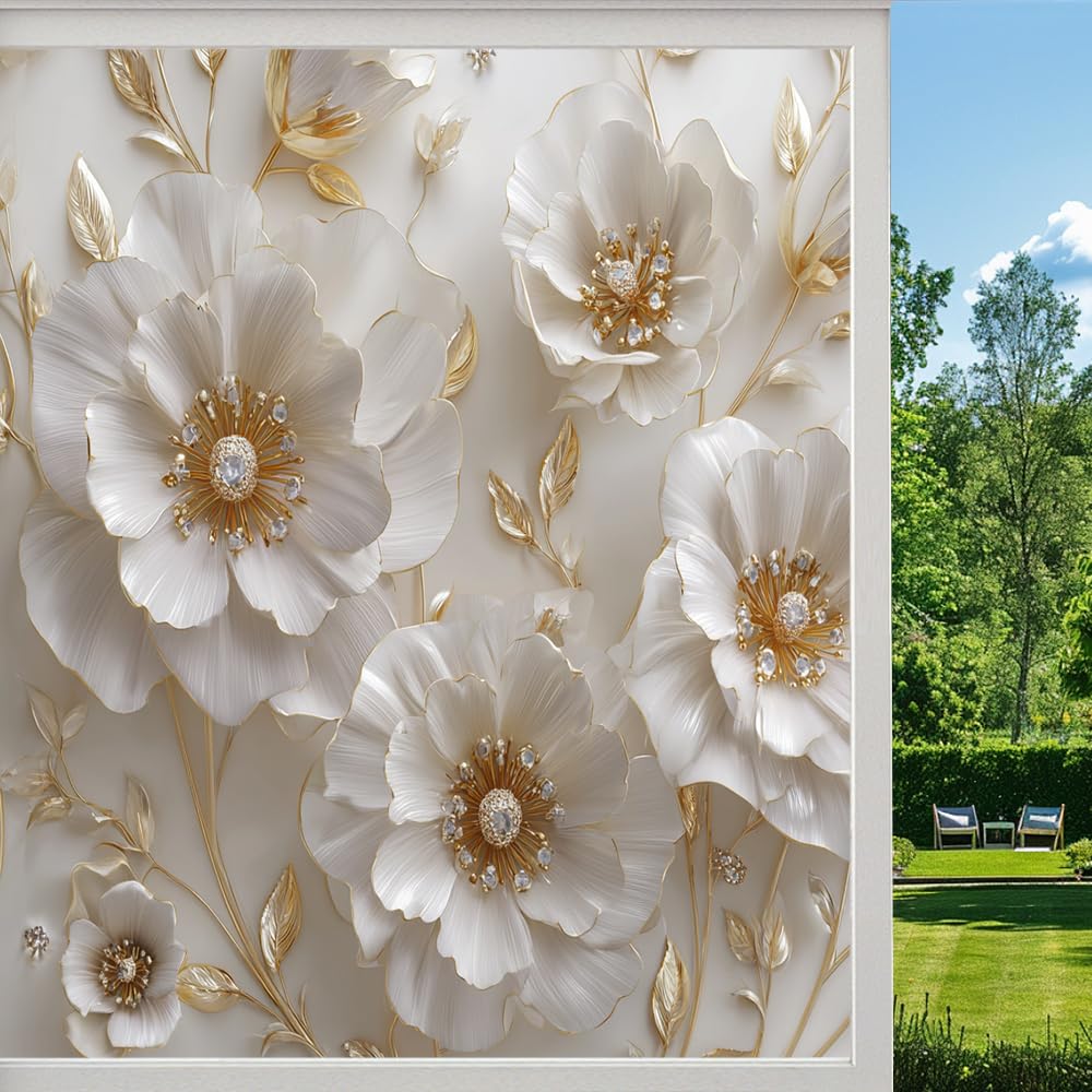 Artistic Flowers Frosted Window Film, Floral Botanical Modern Stained Glass Privacy Film, Heat Insulation Self-Adhesive Vinyl for Bathroom Office, （80x120cm）