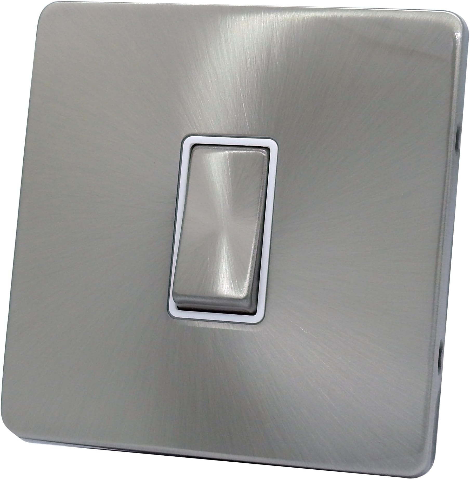 1 Gang 2 Way 10 Amp Light Switch Satin Chrome Screwless Flat Plate Design with White Insert