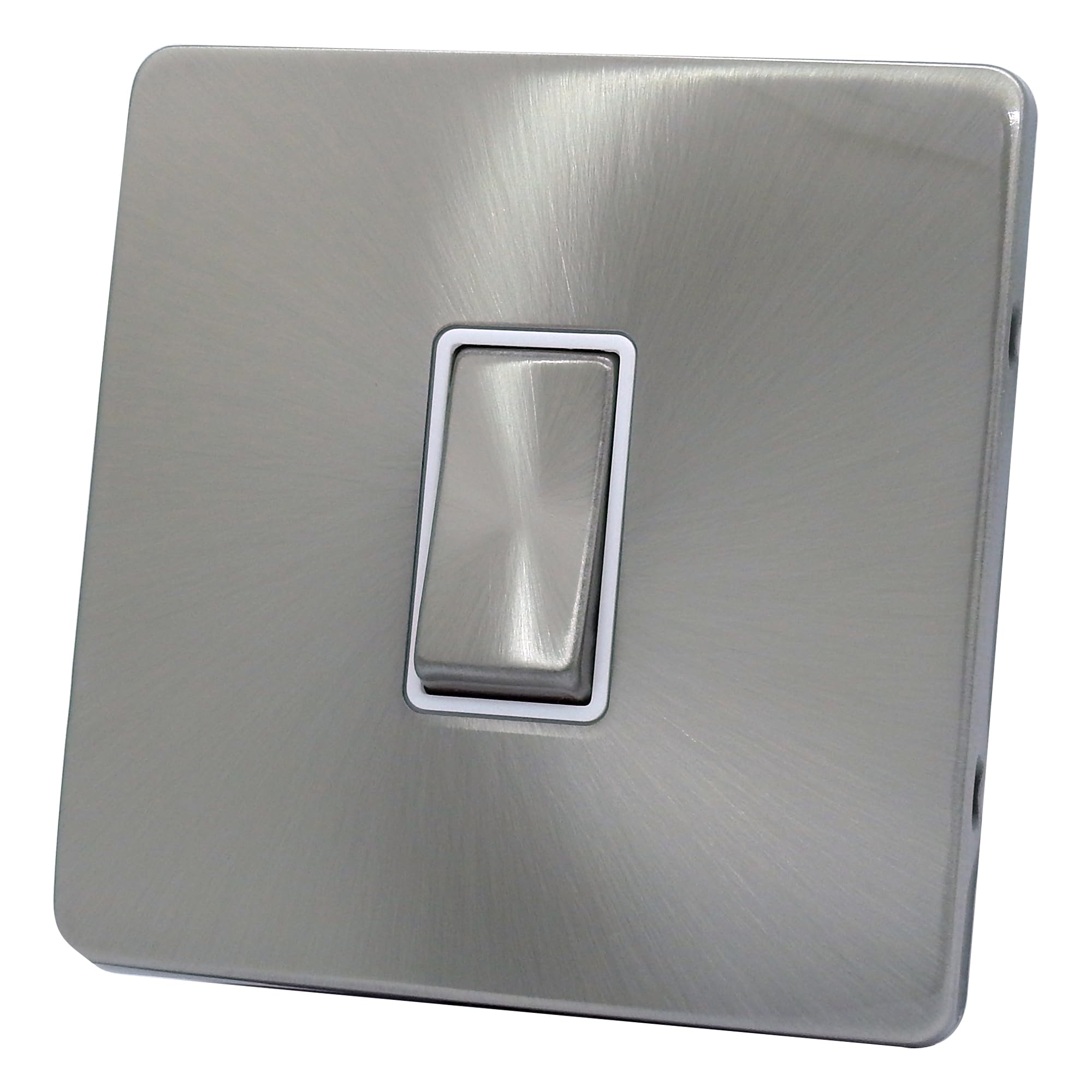 1 Gang 2 Way 10 Amp Light Switch Satin Chrome Screwless Flat Plate Design with White Insert