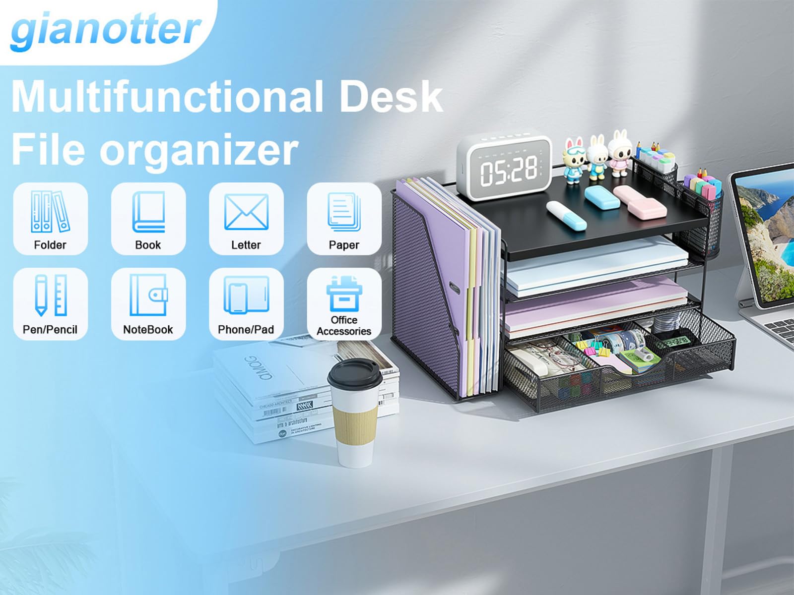 gianotter Wood Desk Organizers and Accessories with File Holder, 4-Tier Desk Accessories & Workspace Organizers with Drawer and 2 Pen Holder, Desk Reference Organizer (Black, 4T with Metal Drawer) view 3