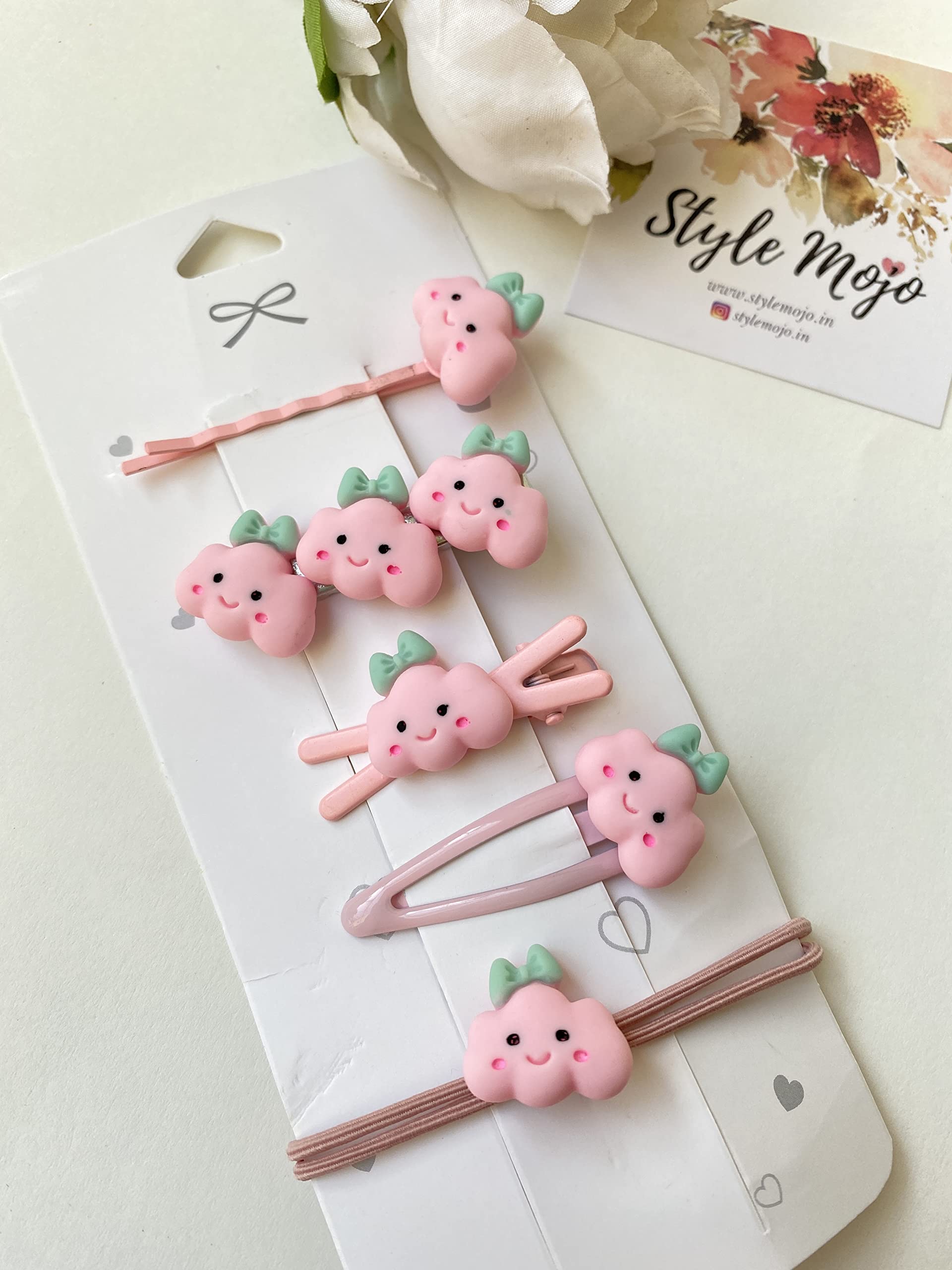 Style Mojo Kids Clips Pack Of 5| 4 Clips And One Pony Tail Holder|Fashion Hair Clips Hair Accessories For Girls| Pink | Cloud Pattern