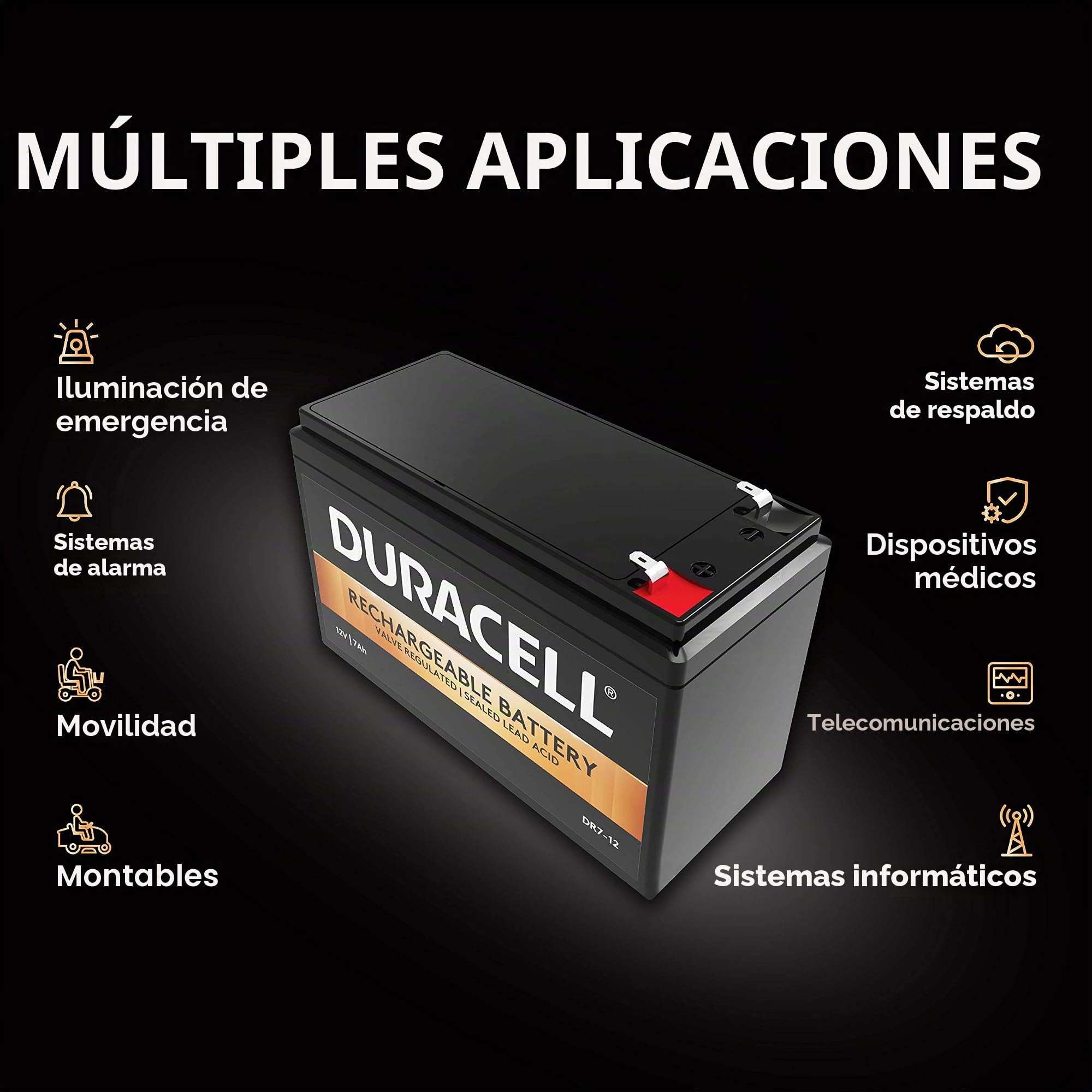 Duracell Batterie originale DR7-12 au plomb régulée par valve – 12 V | 7 Ah – Remplace APC RBC17 | RNC2 | CSB GP1272F2 | Lucas LSLA7-12 | Panasonic LC-R127R2PG | Yuasa NP7-12 | V14242401 Y7-12…