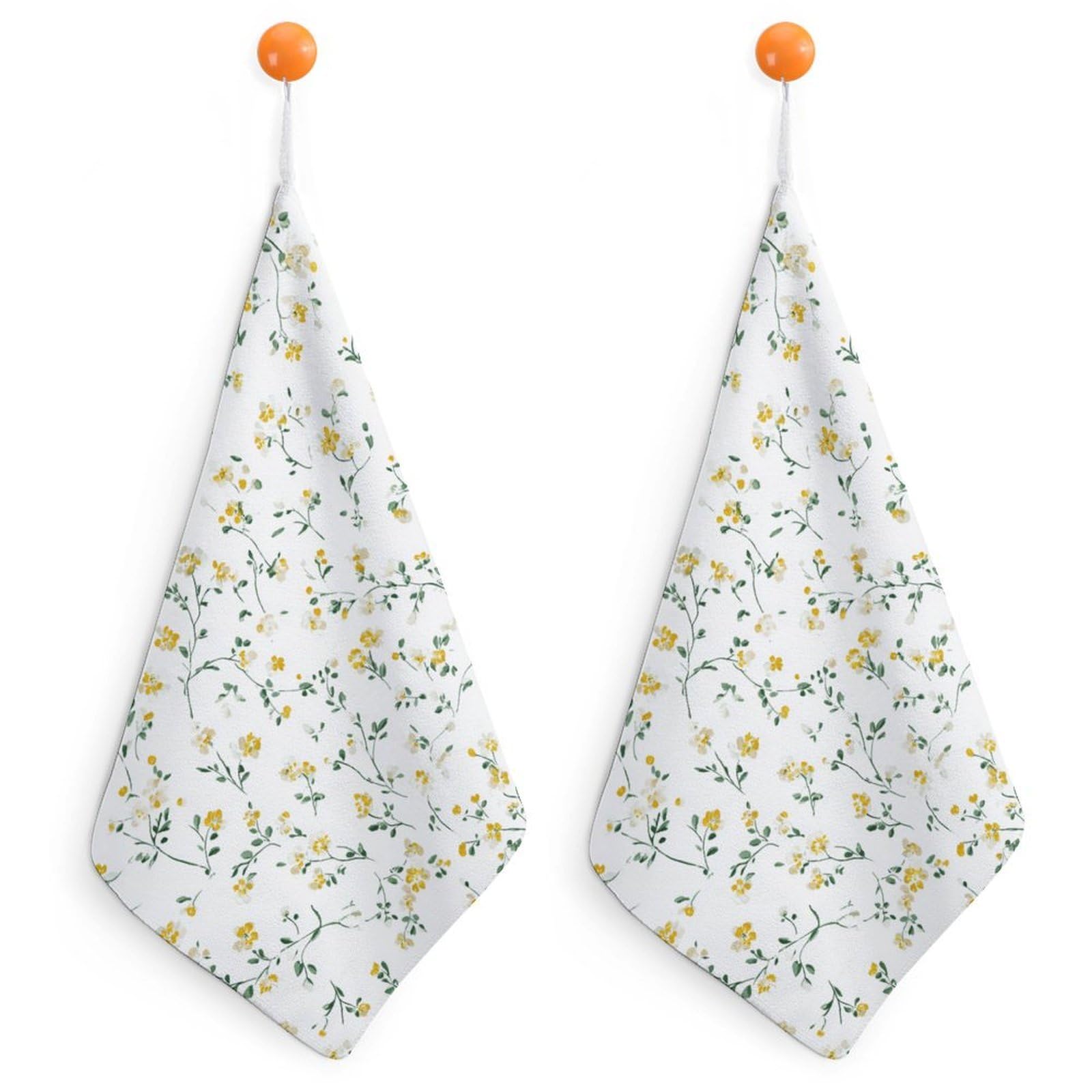 Jubonexis Tiny Dainty Pale Yellow And Green Floral Small Hand Towel with Hanging Loop 2 PCS Absorbent Soft Wash Cloth for Kitchen Bathroom