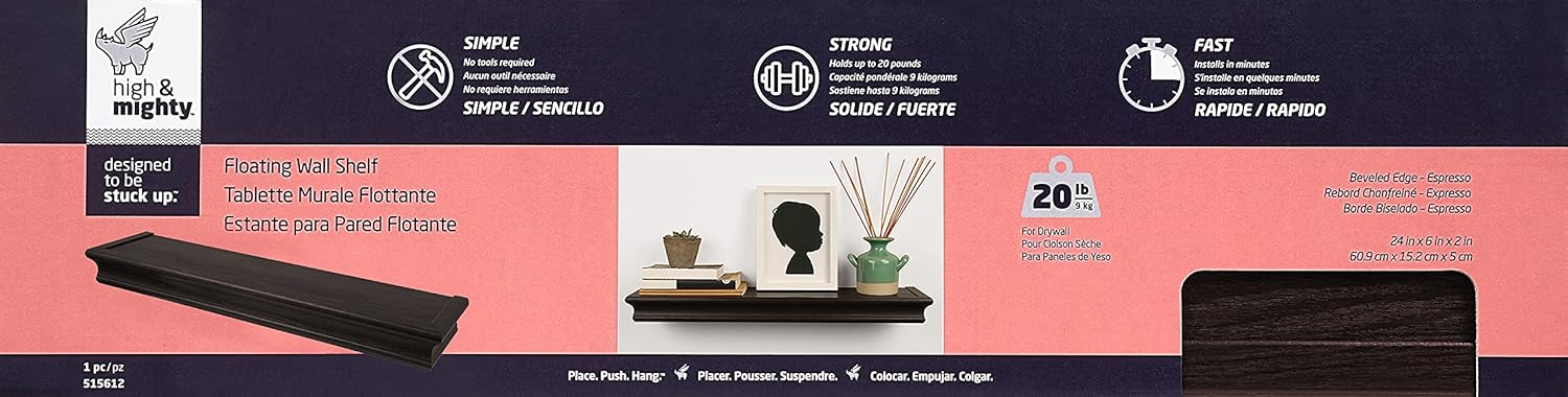 Amаzоn Crаzу 🔥 Dеаlѕ HIGH & MIGHTY 515612 Decorative 24 Floating Shelf Holds up to 20lbs, Easy Tool-Free Dry Wall Installation, Beveled, Retail Packaging, Espresso