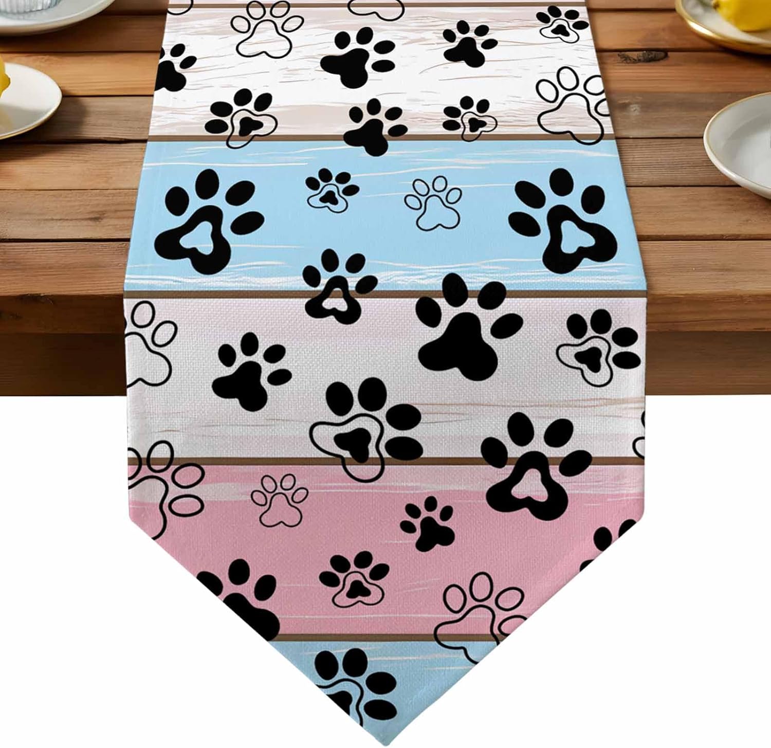 Pink Blue Paw Print Table Runner Linen Burlap Table Runner 120 Inches Long Vintage Farmhouse Wooden Grain Dresser Scarves for Kitchen Island Coffee Dining Room Party Wedding Holiday Decor 13"x120"