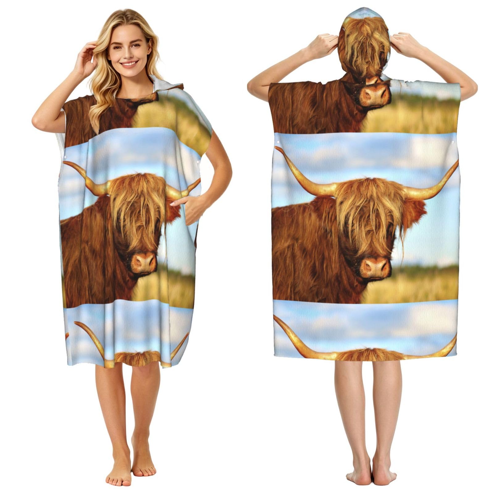 Poadnly Highland Cow Printed, Adult Hooded Beach Towel 90 x 110 cm,Changing Bath Robe, Surf Poncho Towel For Women Men