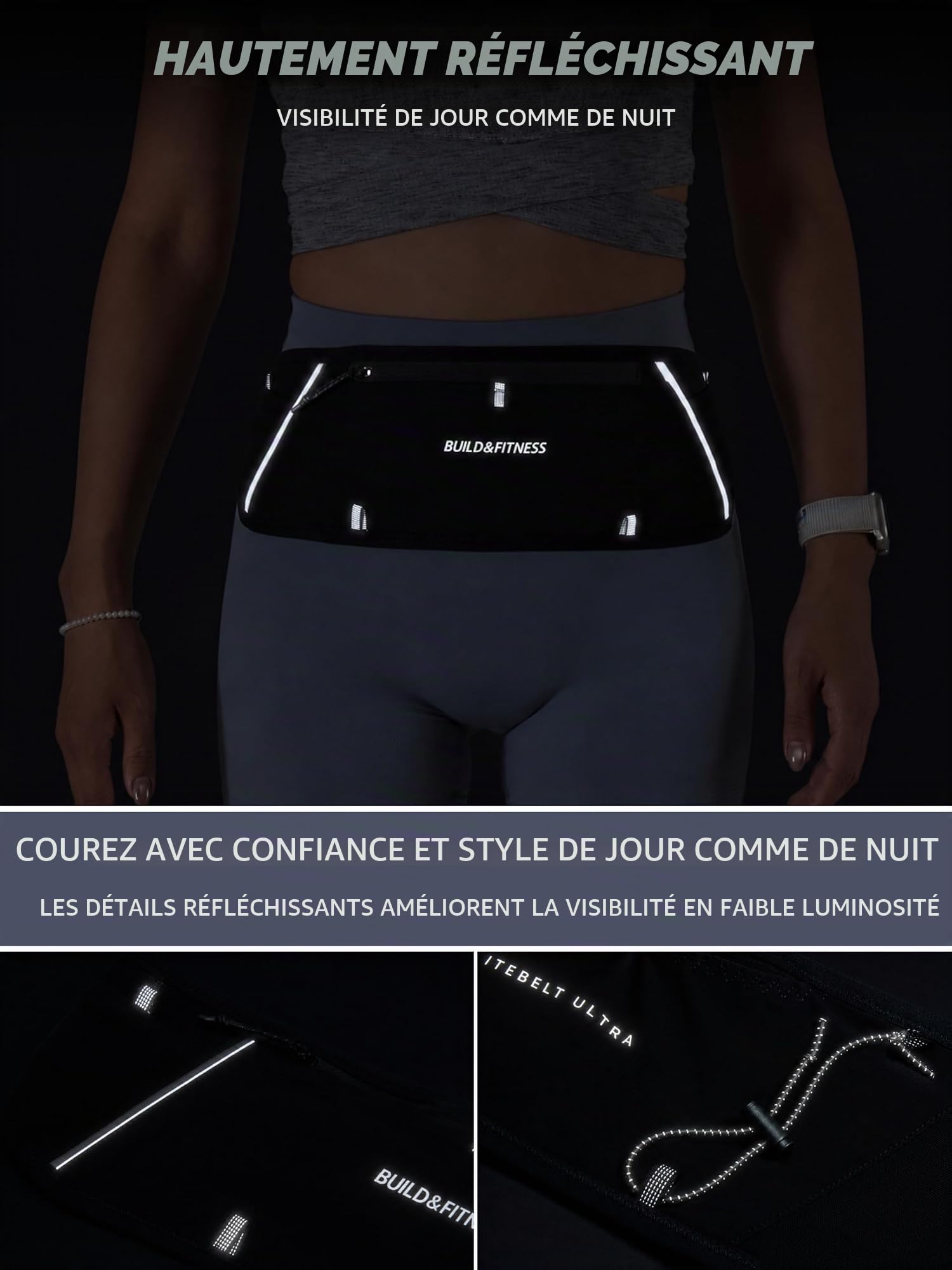 Ceinture de Running zippée Build & Fitness LITEBELT Ultra – Légère et réfléchissante. Porte-téléphone zippé YKK, 5 Poches à Chargement par Le Haut pour gels, Bouteille d'eau et Porte-clés