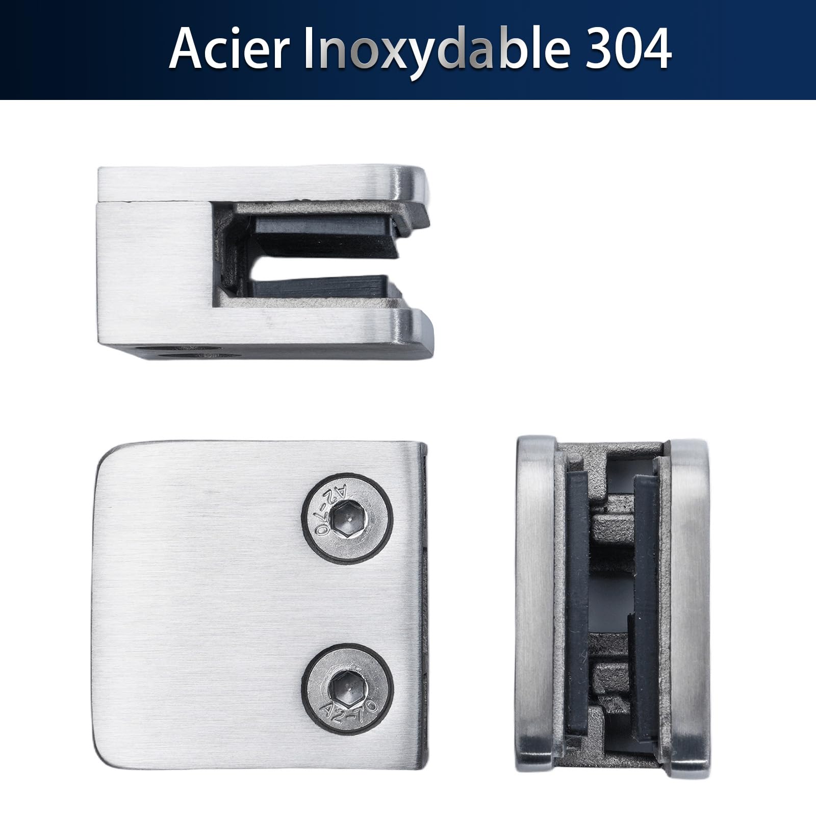Lot de 4 pinces en verre à fond plat - 4 à 10 mm - Sans perçage - Acier inoxydable 304 V2A - Pour garde-corps en verre, murs et tuyaux avec inserts en caoutchouc (8mm)
