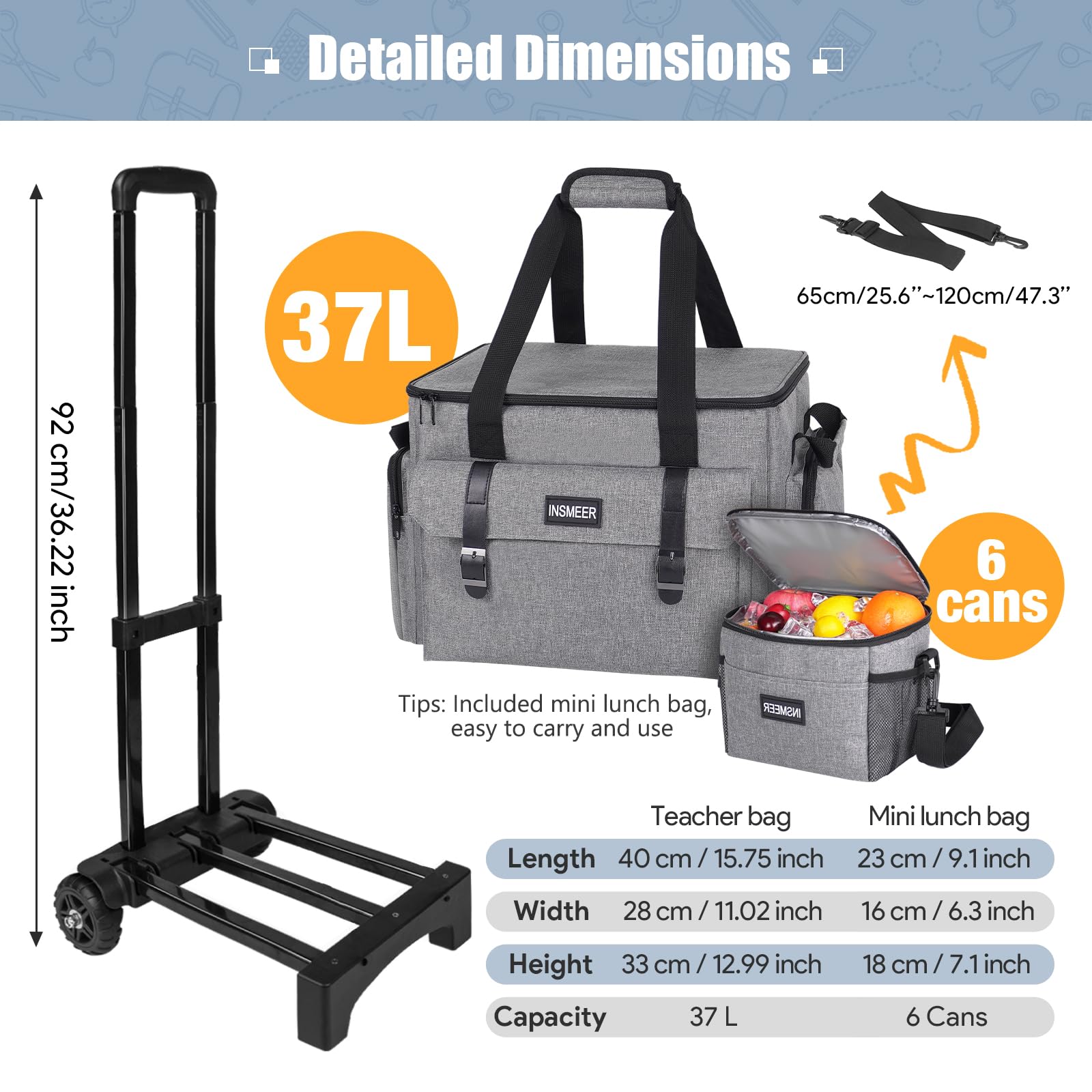 INSMEER Sac à roulettes pour enseignant avec compartiment pour ordinateur portable de 15,6", sac fourre-tout à roulettes pour enseignants avec sac à déjeuner supplémentaire, sac à roulettes 3 en 1
