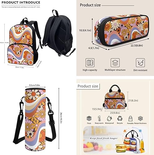 Miniatura 3 de POLERO Bolsa escolar de baloncesto, caja de almuerzo, funda para botella de agua, estuche para lápices, para niños, mochila de viaje, Hippie Flores