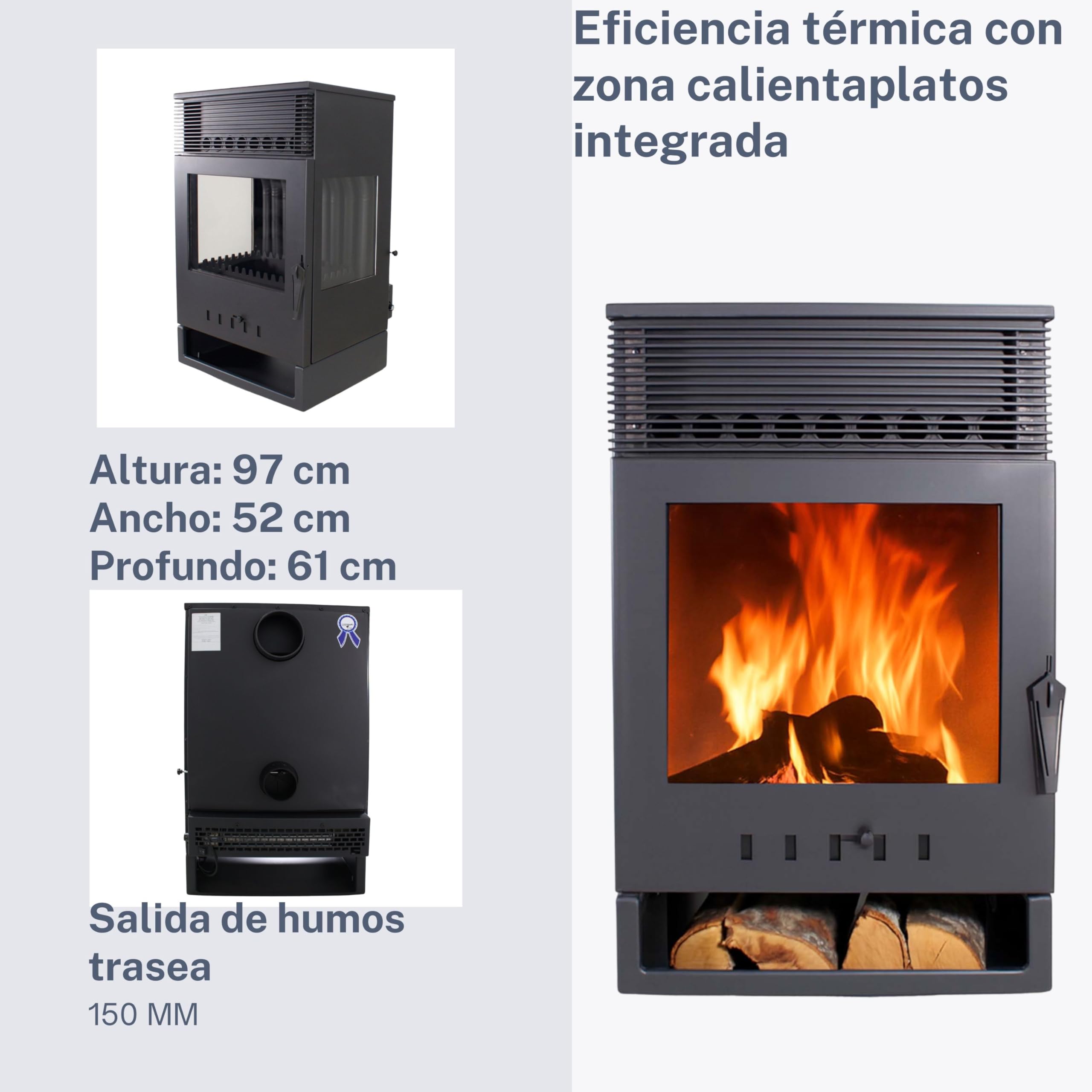 EIDER BIOMASA Estufa de Leña TOKIO VENTILADA – 12,85 kW – Rendimiento 85,6% – Hasta 230.0 m³ – Doble Combustión – Certificada CE