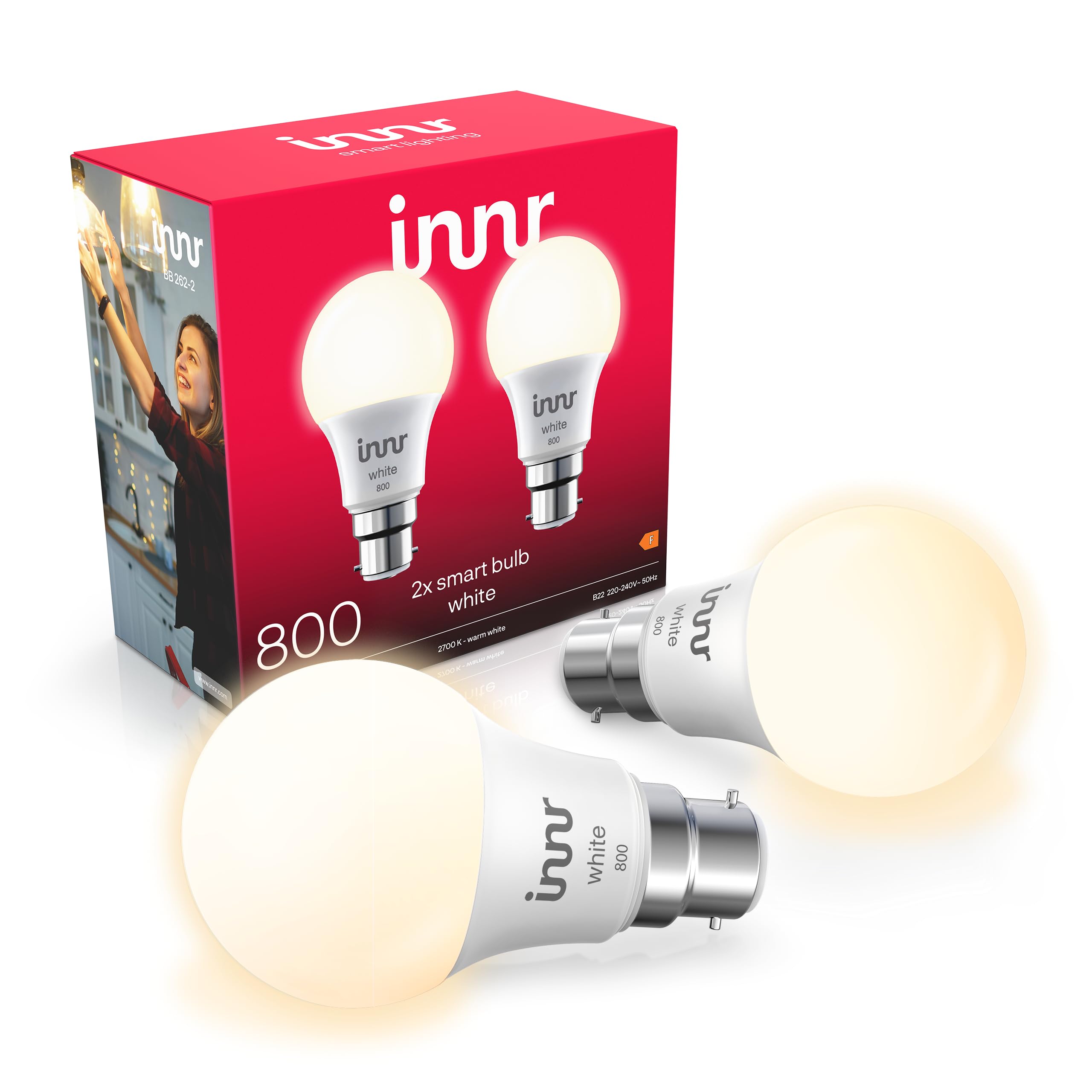 Zigbee B22 Bayonet Smart Bulb, Works with Hue*, Amazon Echo 4th Gen., Alexa (Bridge Required), Warm White, LED Light Bulbs, 806 Lumen, Dimmable, 2-Pack